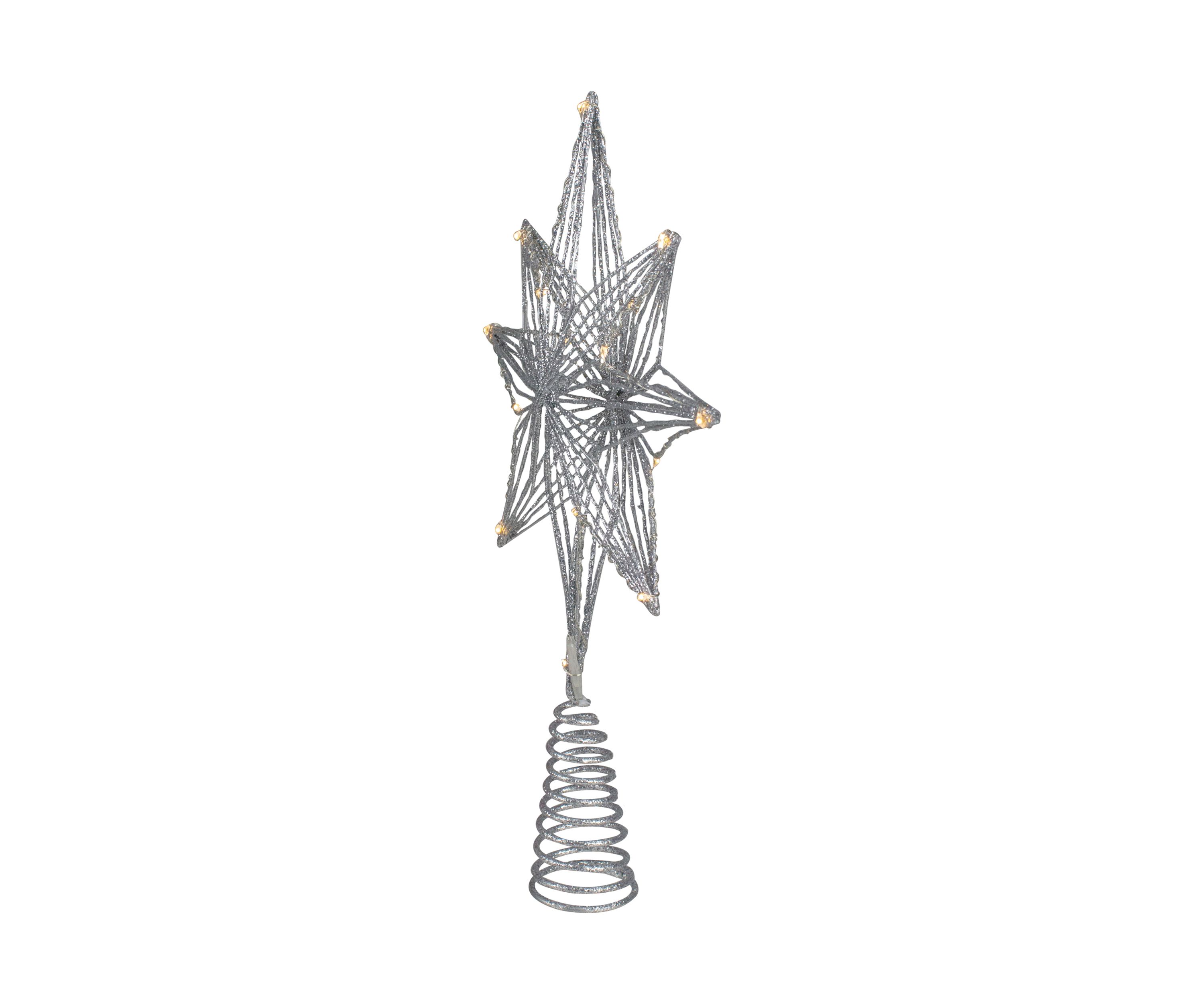 13.75Inch LED Lighted B/O Silver Glittered Geometric Star Christmas Tree Topper - Warm White Lights