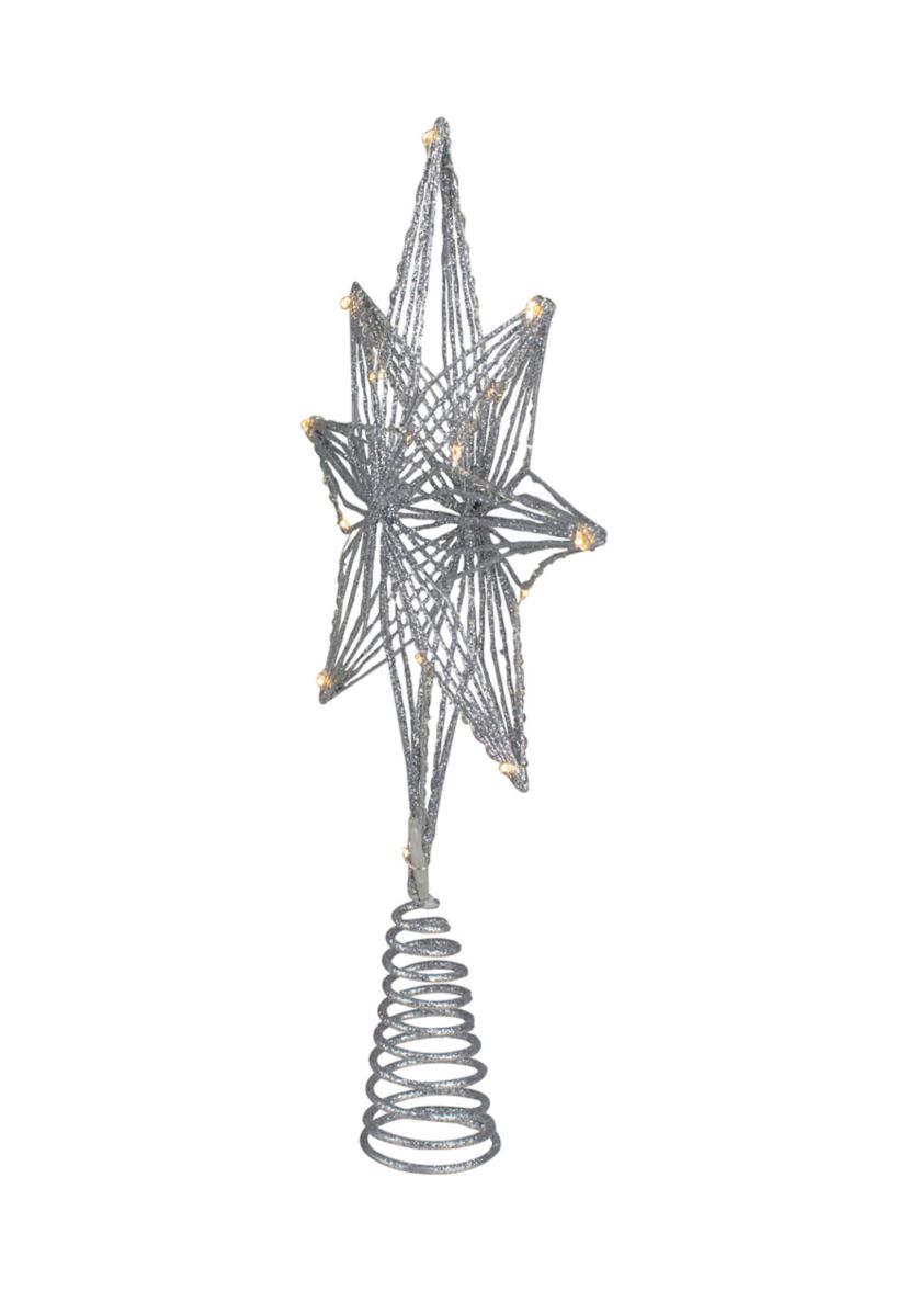 13.75Inch LED Lighted B/O Silver Glittered Geometric Star Christmas Tree Topper - Warm White Lights