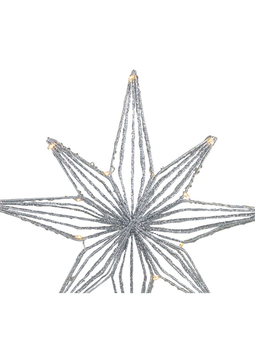 13.75Inch LED Lighted B/O Silver Glittered Geometric Star Christmas Tree Topper - Warm White Lights