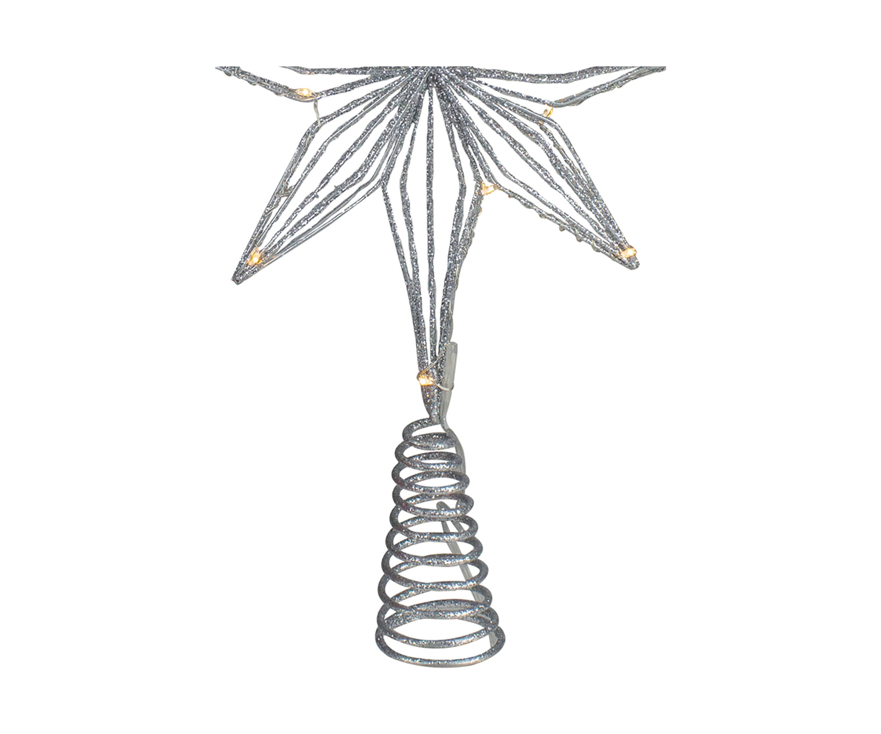 13.75Inch LED Lighted B/O Silver Glittered Geometric Star Christmas Tree Topper - Warm White Lights