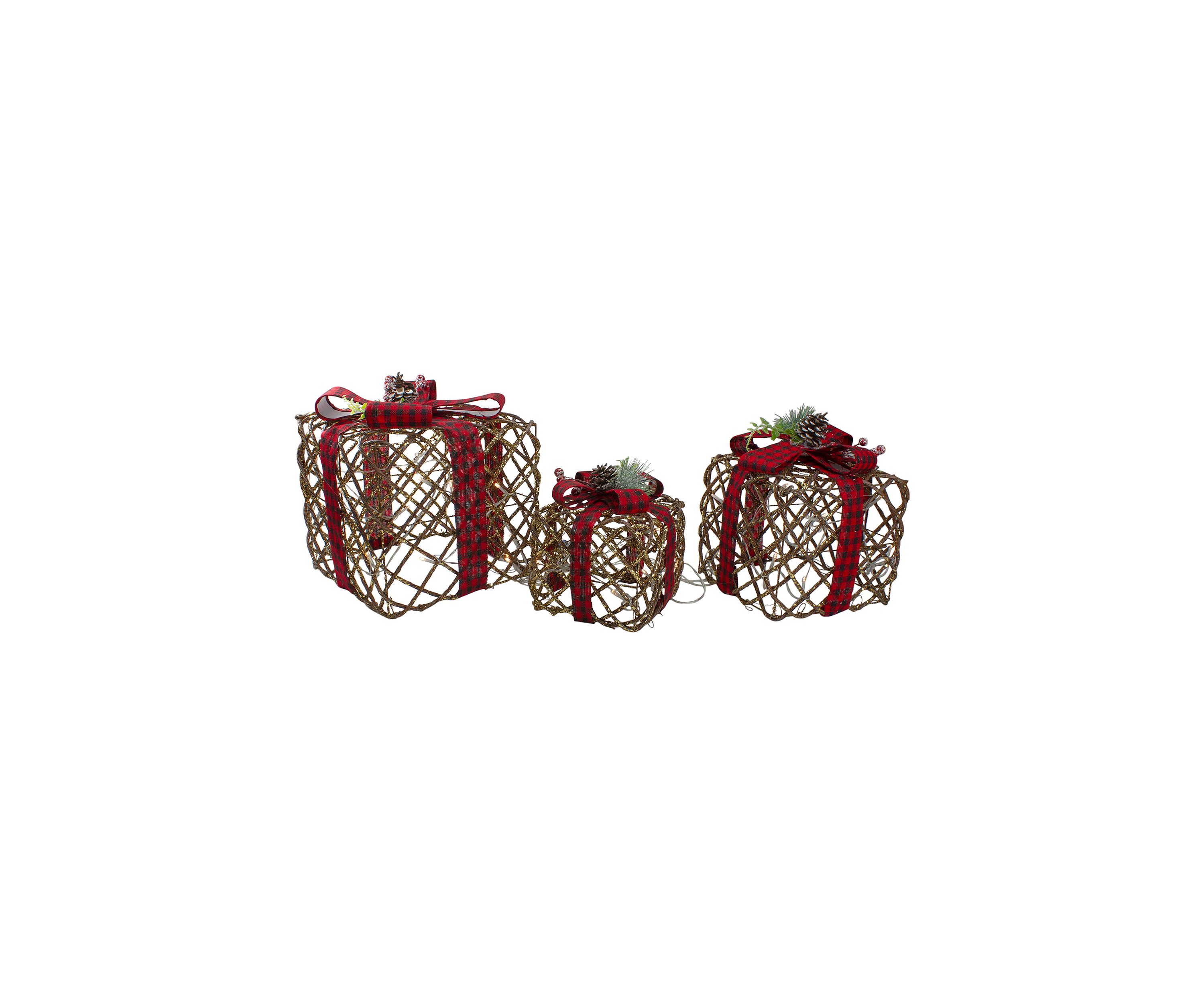 Set of 3 LED Rustic Rattan Christmas Gift Boxes with Pinecones