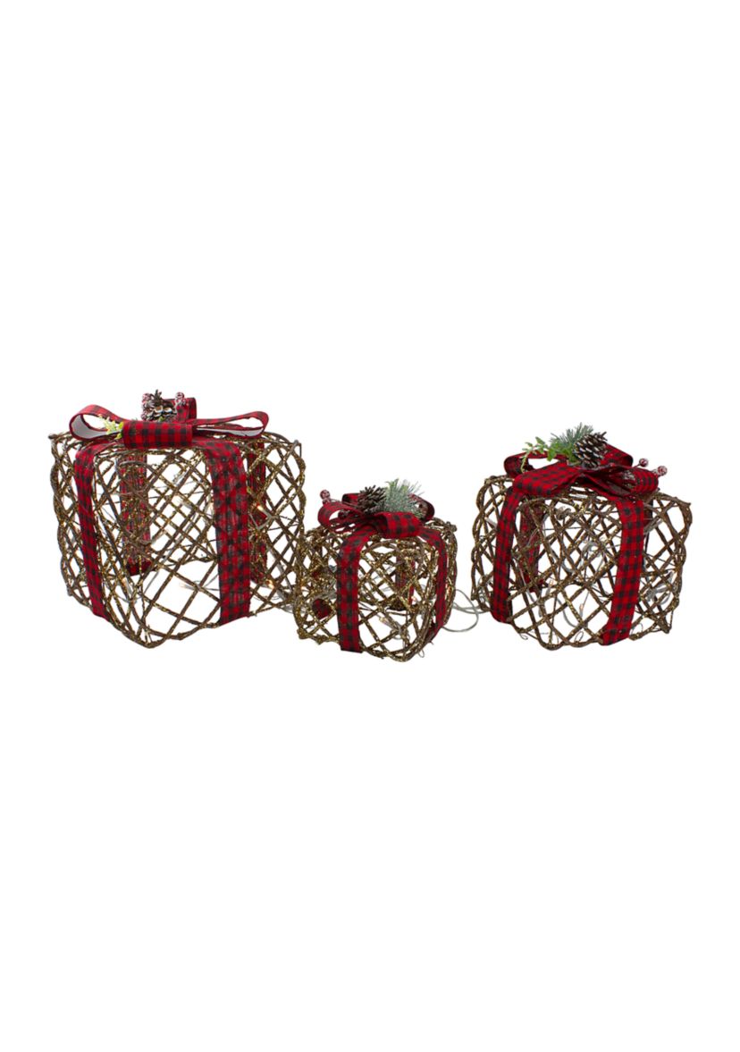 Set of 3 LED Rustic Rattan Christmas Gift Boxes with Pinecones