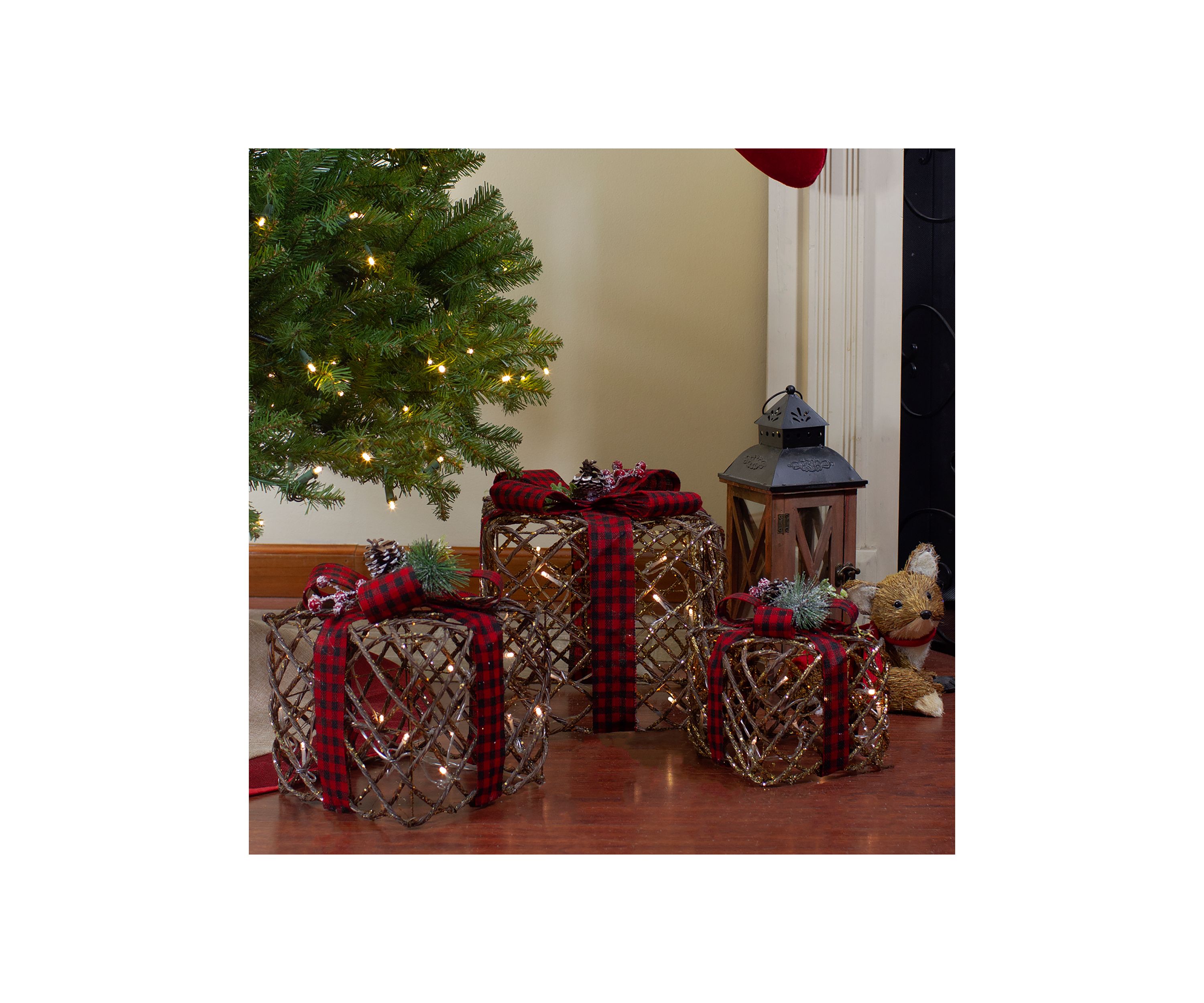 Set of 3 LED Rustic Rattan Christmas Gift Boxes with Pinecones