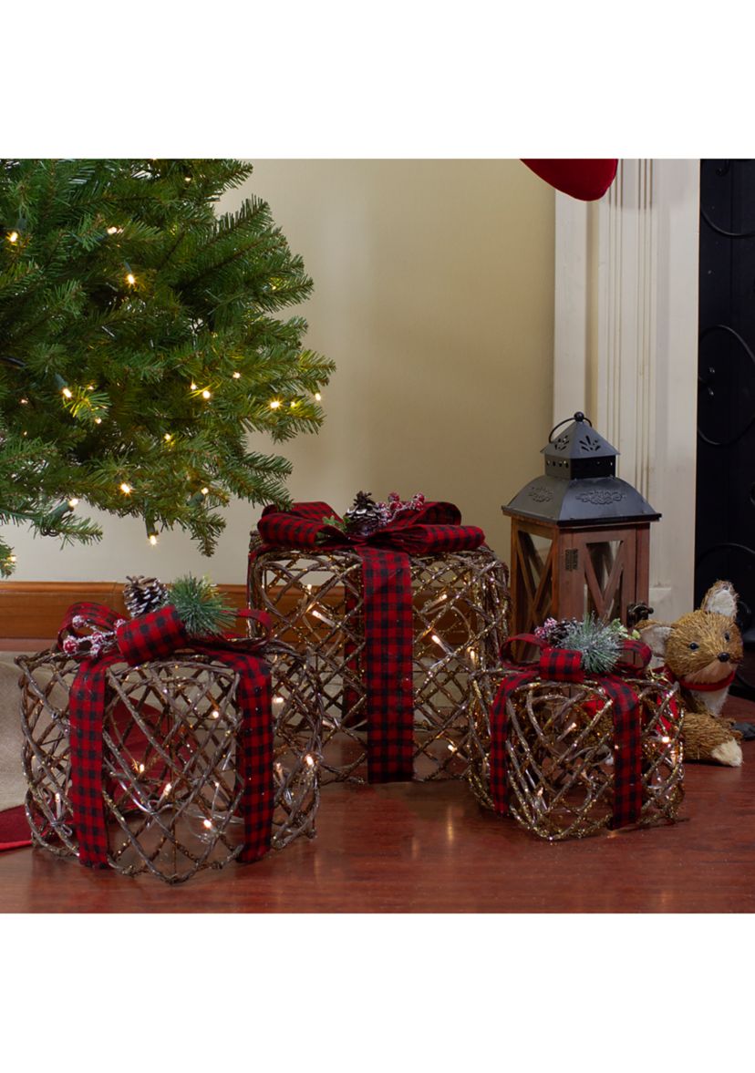 Set of 3 LED Rustic Rattan Christmas Gift Boxes with Pinecones