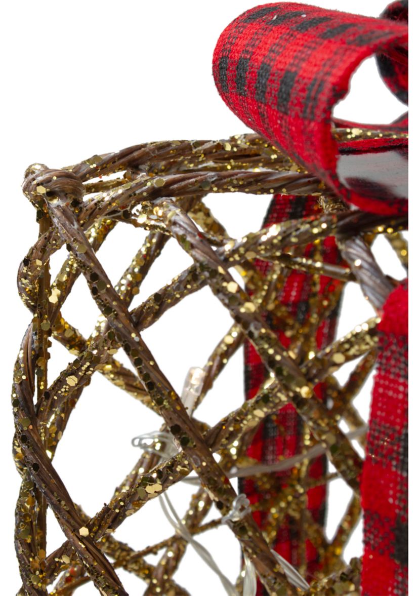 Set of 3 LED Rustic Rattan Christmas Gift Boxes with Pinecones