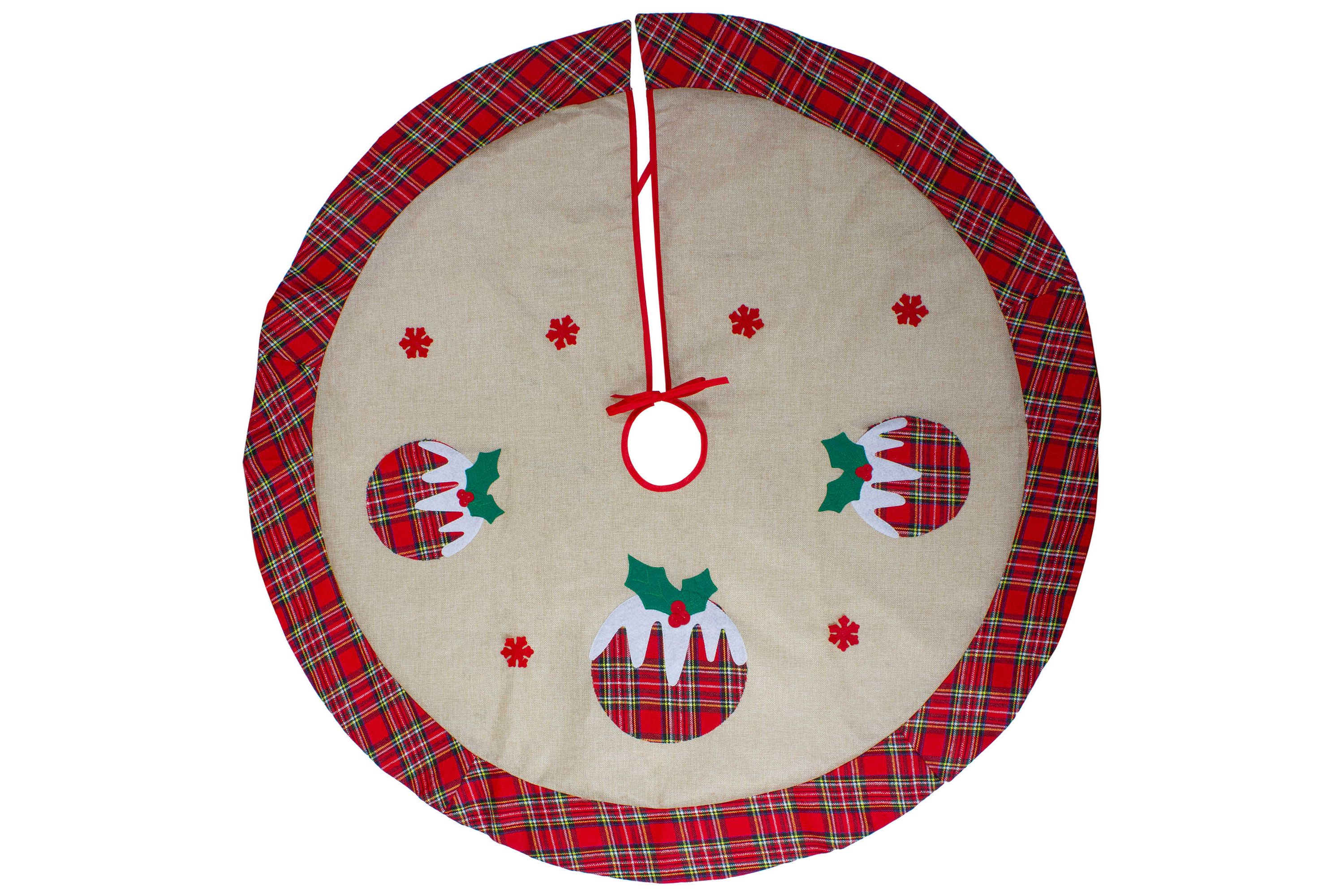 36" Burlap Plaid Tree Skirt with Christmas Puddings
