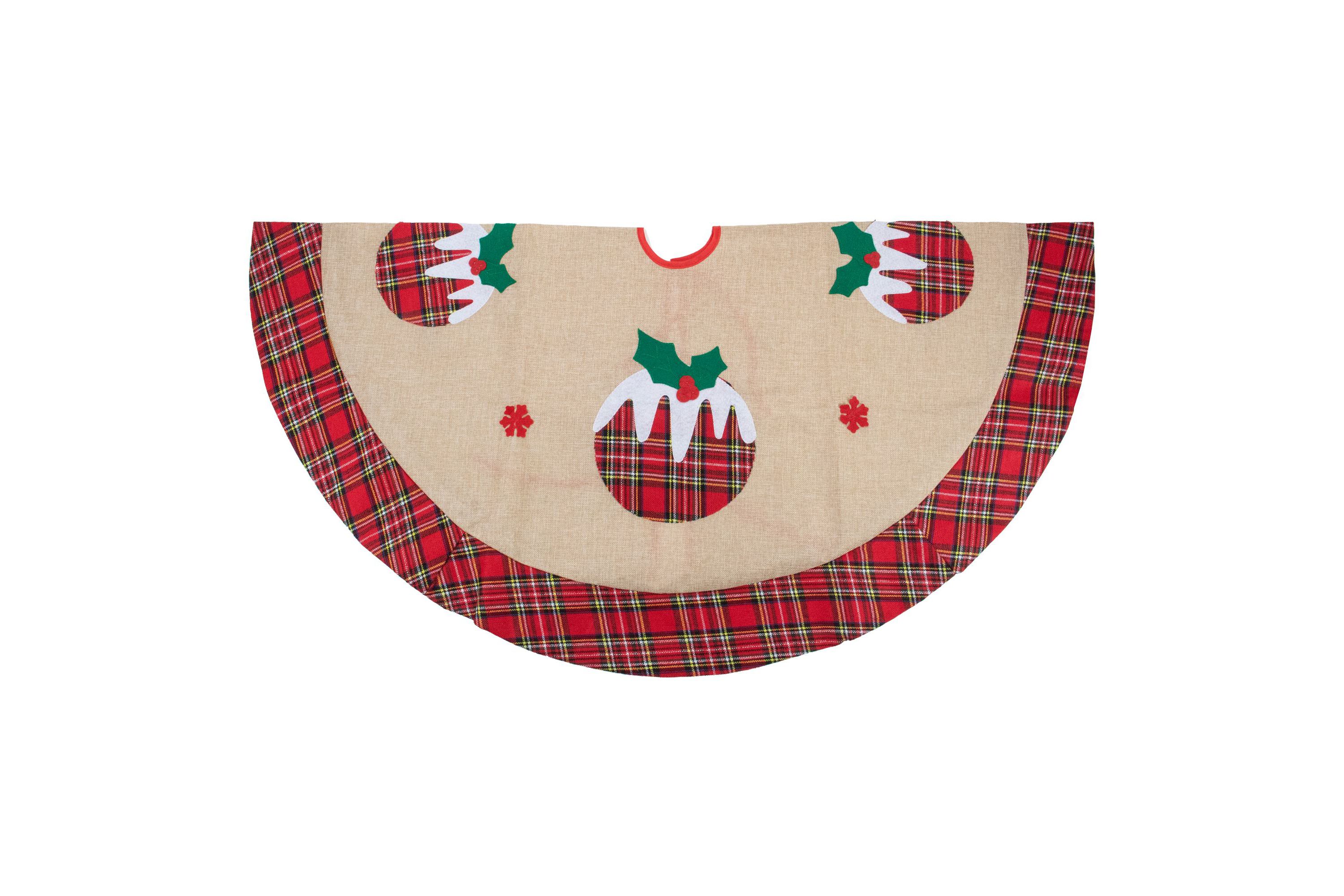 36" Burlap Plaid Tree Skirt with Christmas Puddings