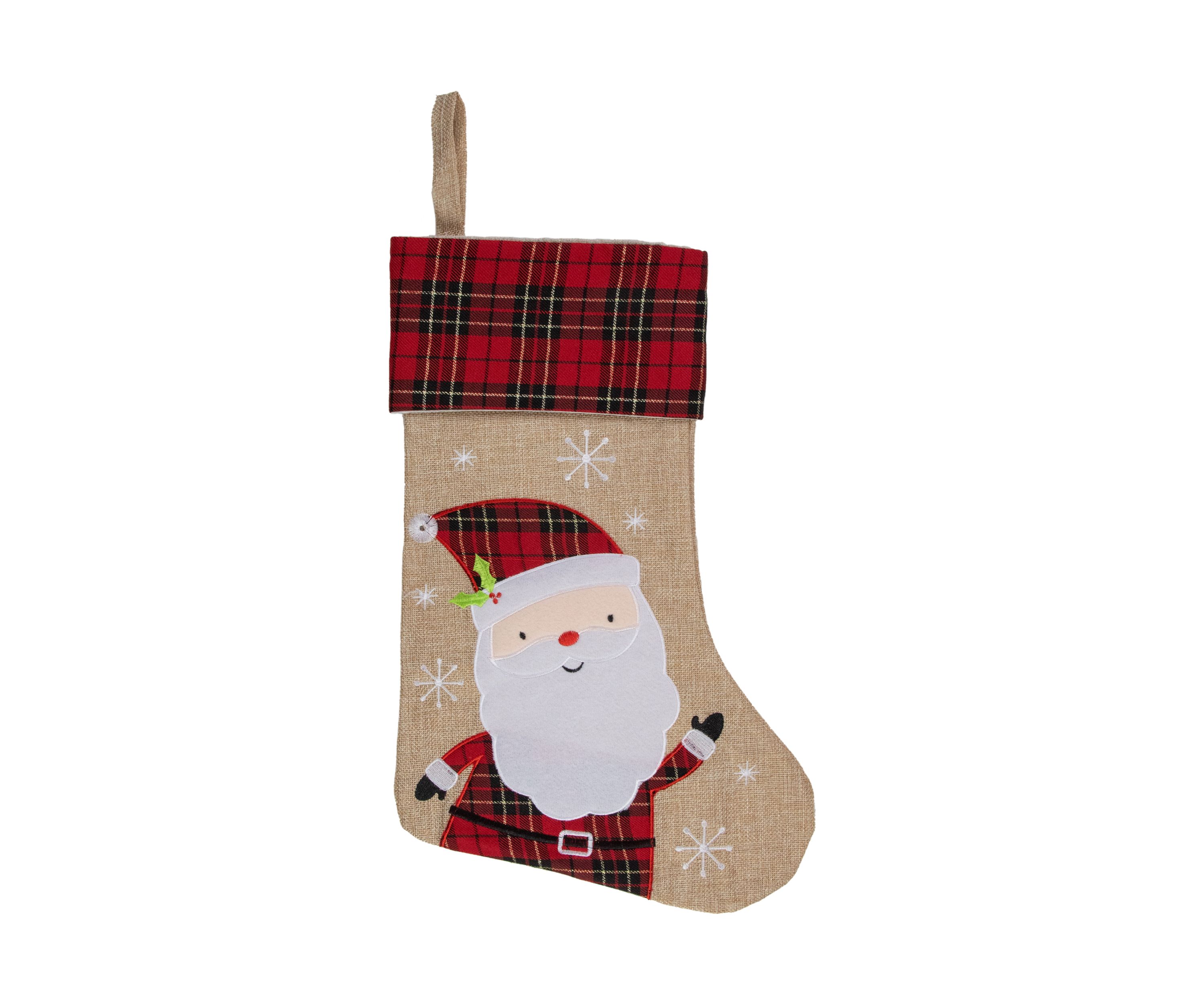 19Inch Burlap Plaid Whimsical Santa Waiving Christmas Stocking