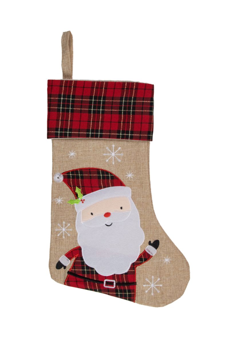 19Inch Burlap Plaid Whimsical Santa Waiving Christmas Stocking