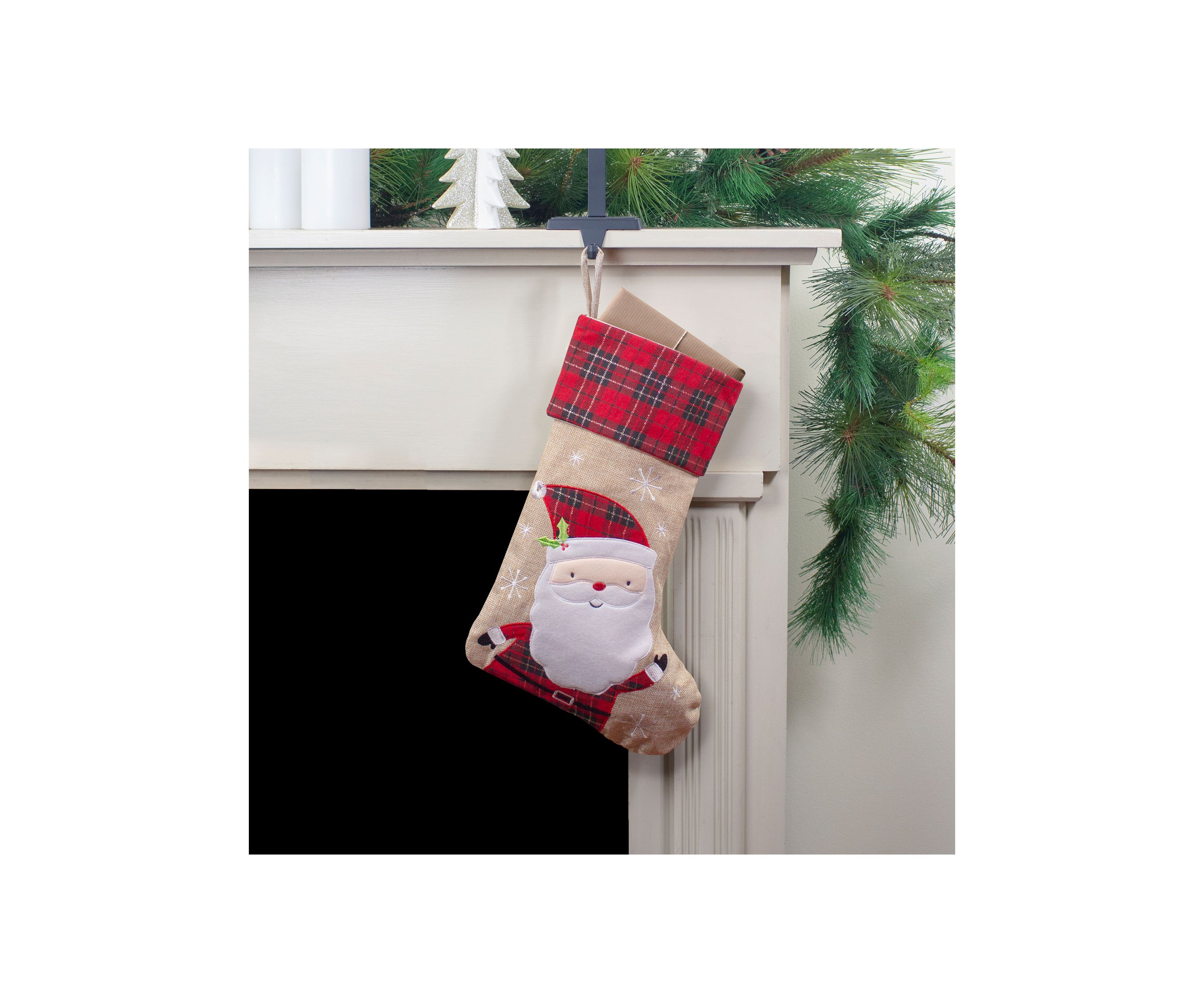 19Inch Burlap Plaid Whimsical Santa Waiving Christmas Stocking