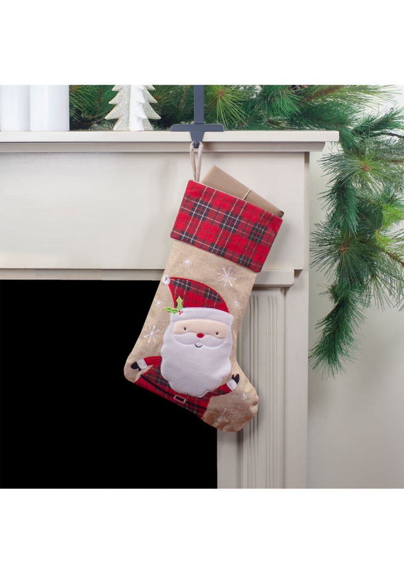 19Inch Burlap Plaid Whimsical Santa Waiving Christmas Stocking