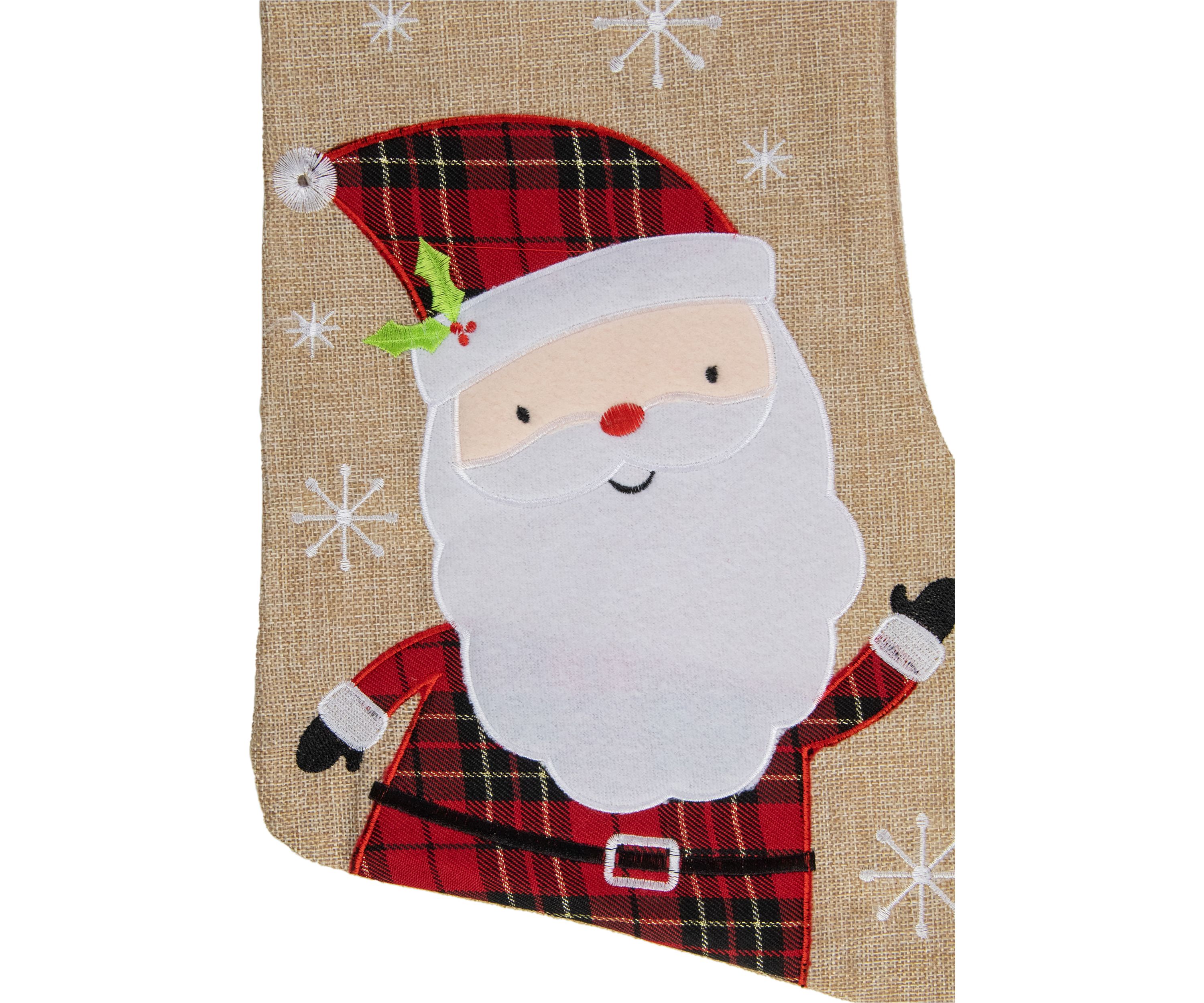 19Inch Burlap Plaid Whimsical Santa Waiving Christmas Stocking