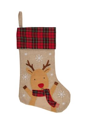 Northlight 19Inch Burlap Plaid Whimsical Reindeer Waiving Christmas Stocking
