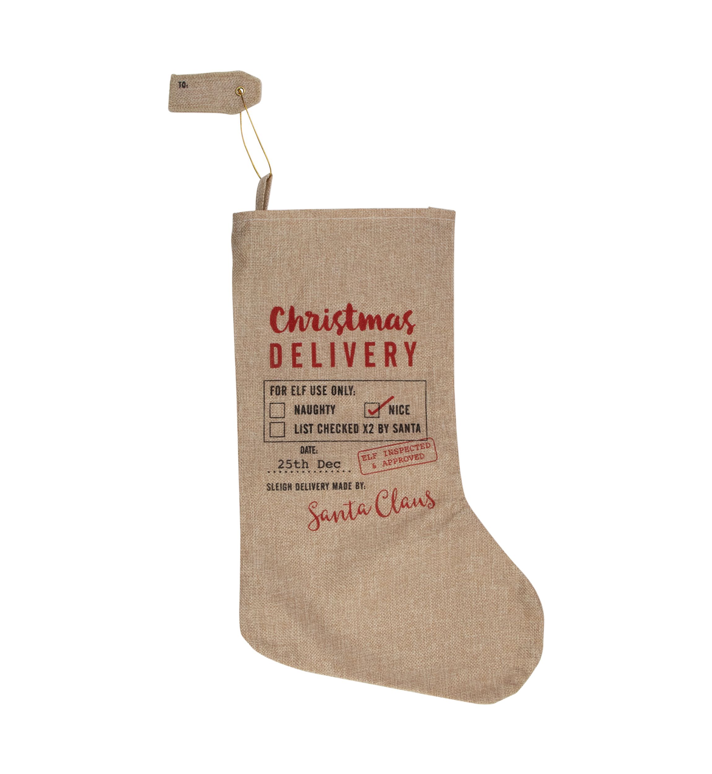 19Inch Beige and Red InchChristmas DeliveryInch Stocking With Hanging Tag