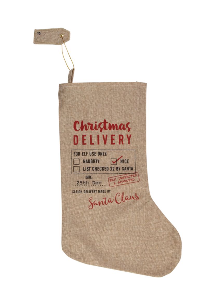 19Inch Beige and Red InchChristmas DeliveryInch Stocking With Hanging Tag