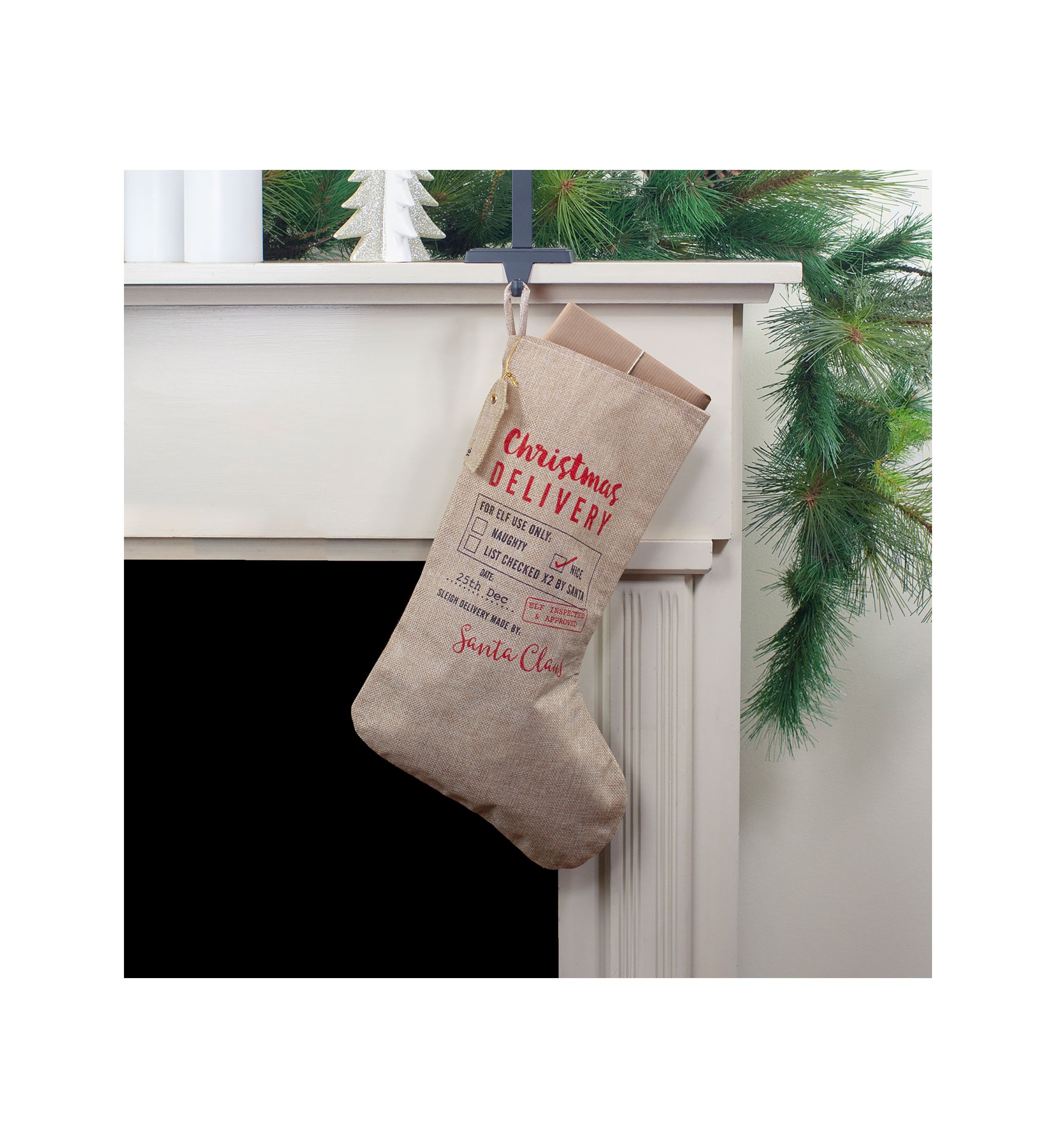 19Inch Beige and Red InchChristmas DeliveryInch Stocking With Hanging Tag