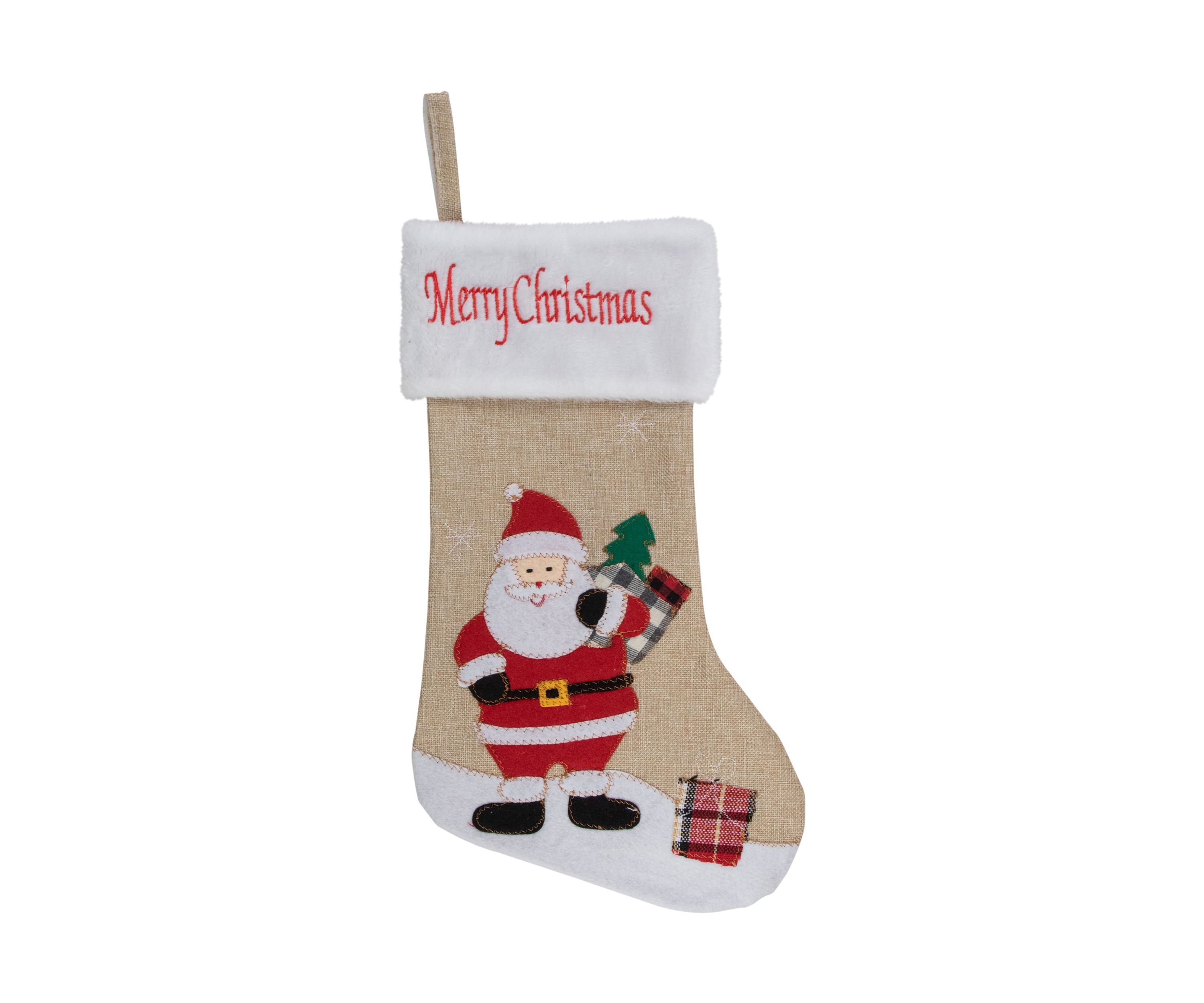 19Inch Beige and Red Burlap InchMerry ChristmasInch Santa Christmas Stocking