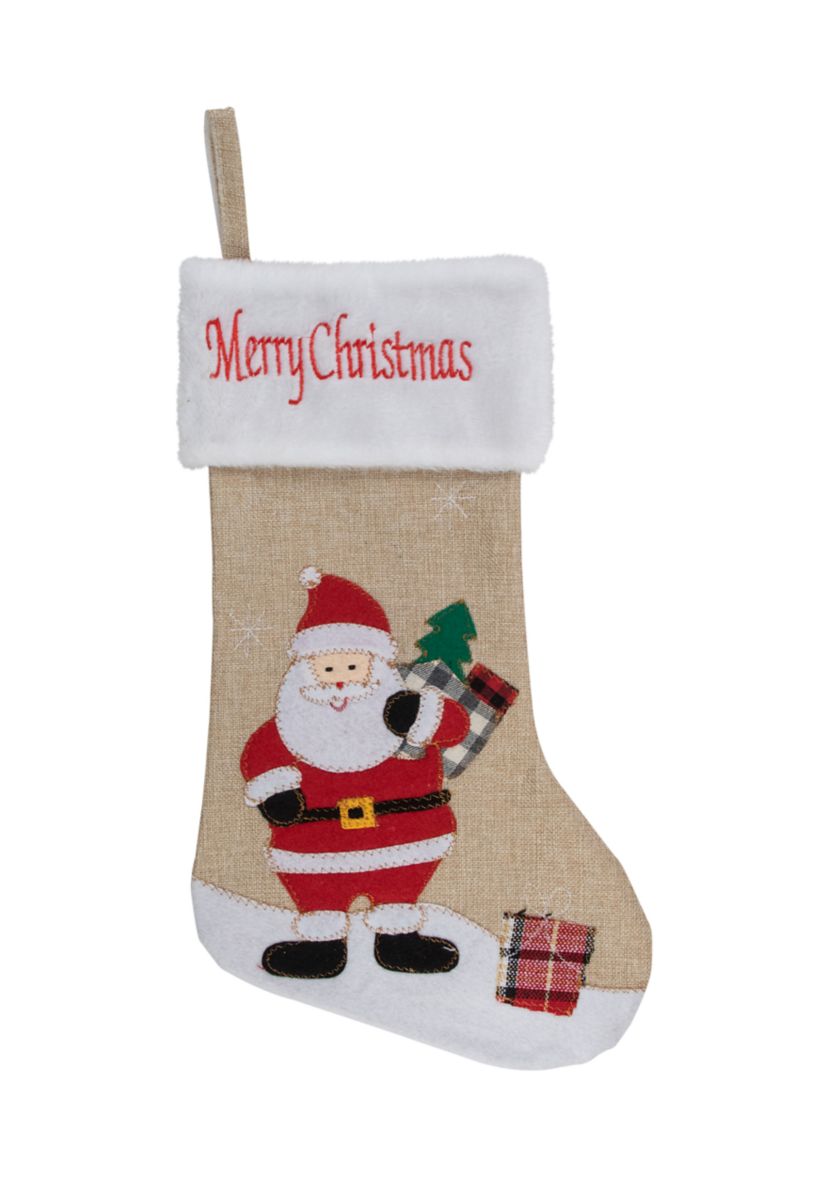19Inch Beige and Red Burlap InchMerry ChristmasInch Santa Christmas Stocking