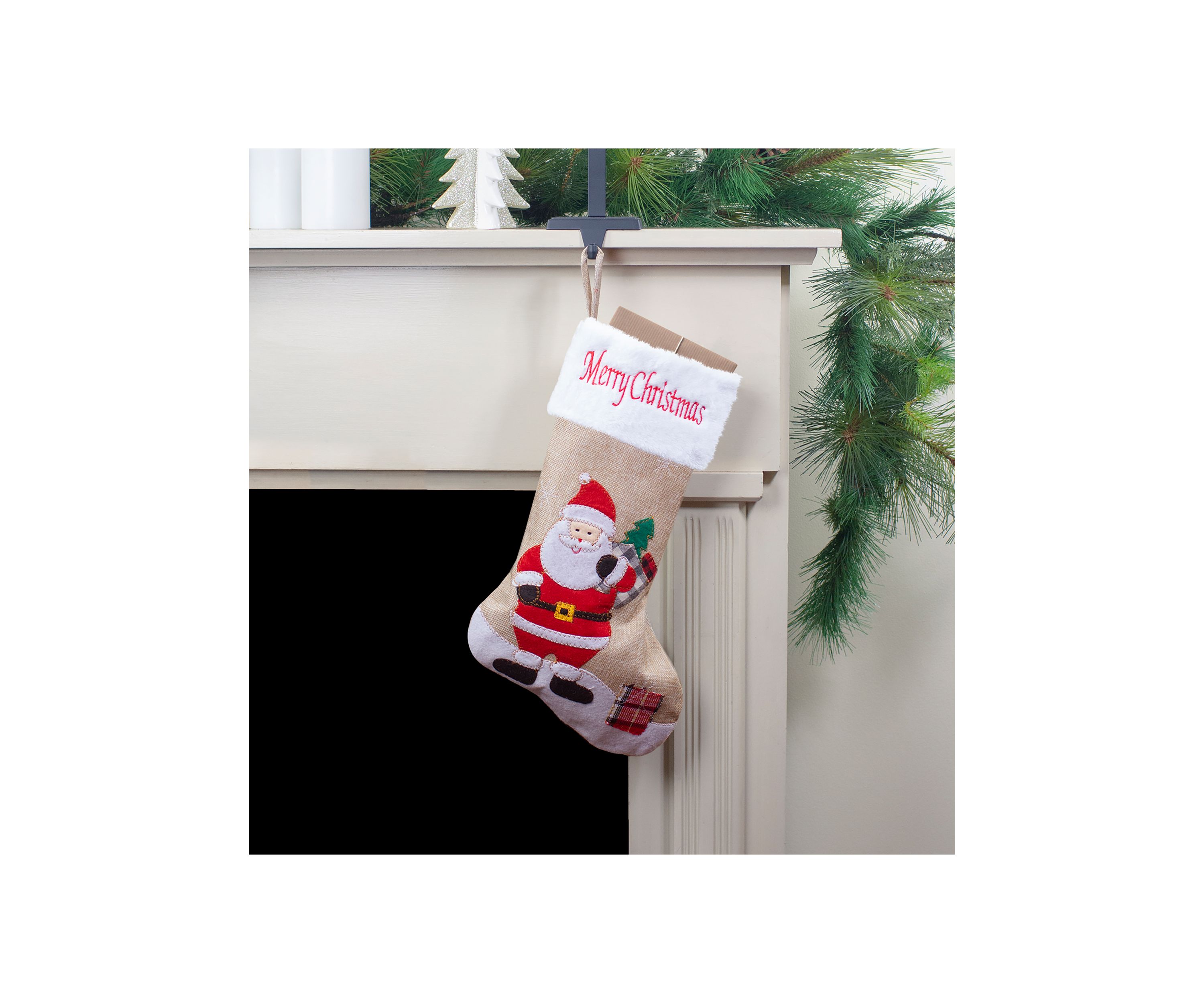 19Inch Beige and Red Burlap InchMerry ChristmasInch Santa Christmas Stocking