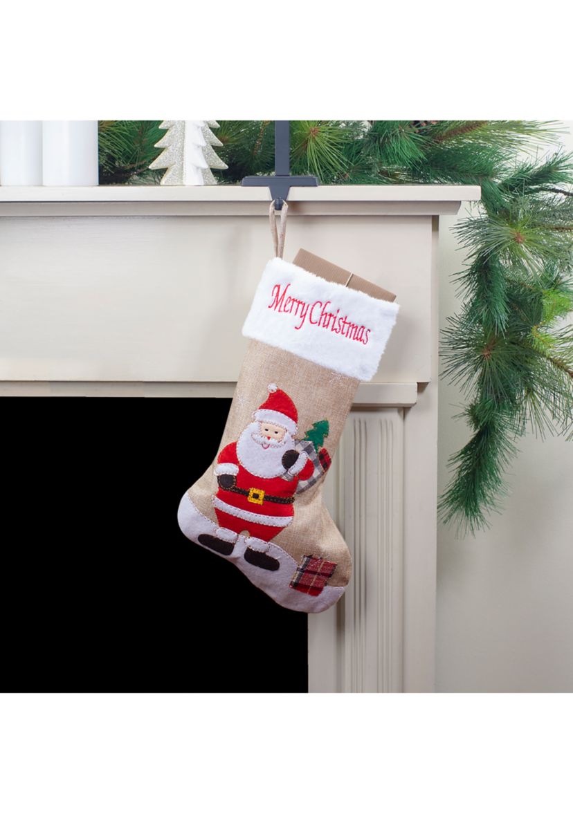 19Inch Beige and Red Burlap InchMerry ChristmasInch Santa Christmas Stocking