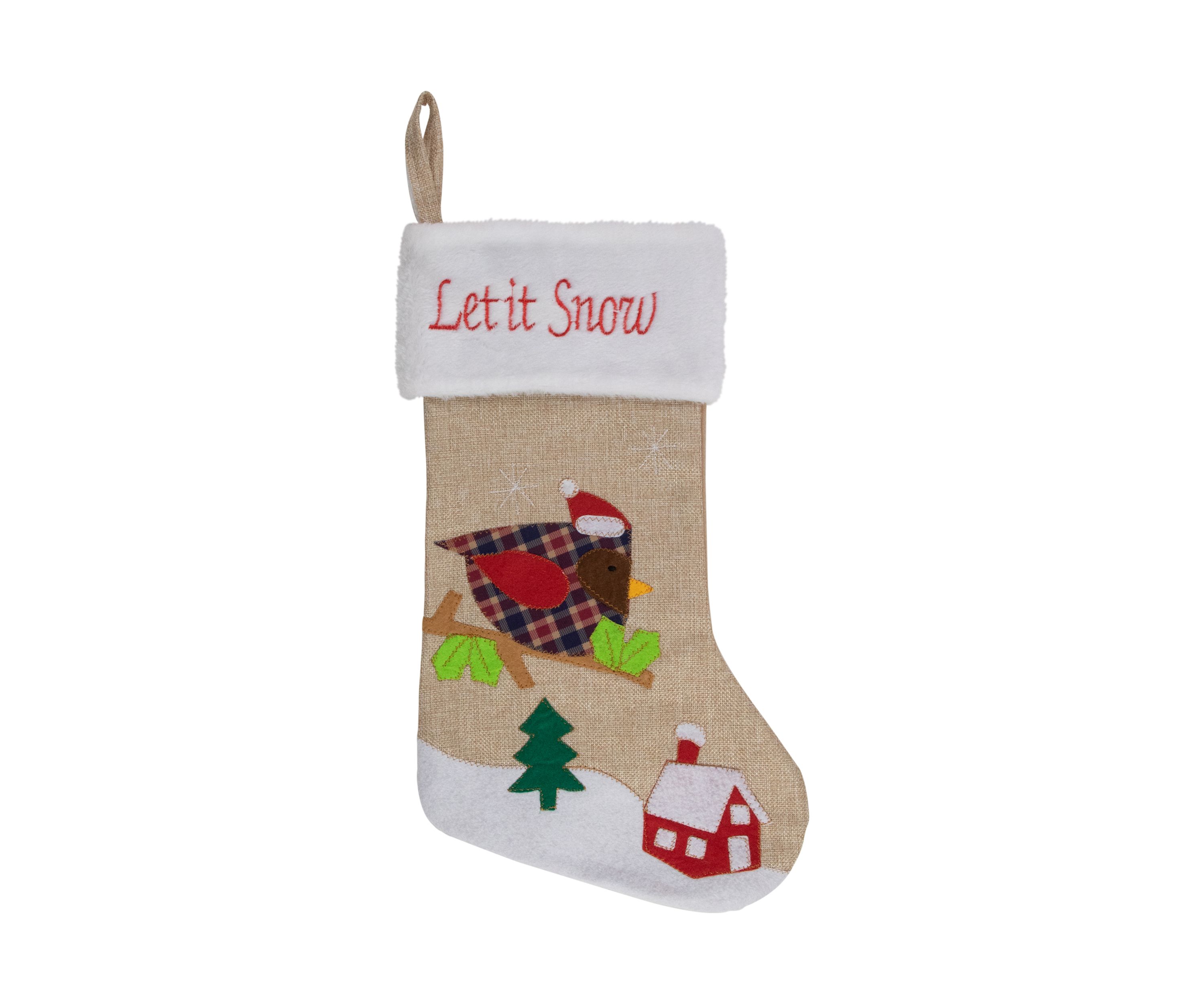 19Inch Beige and Red Burlap InchLet It SnowInch Bird Christmas Stocking