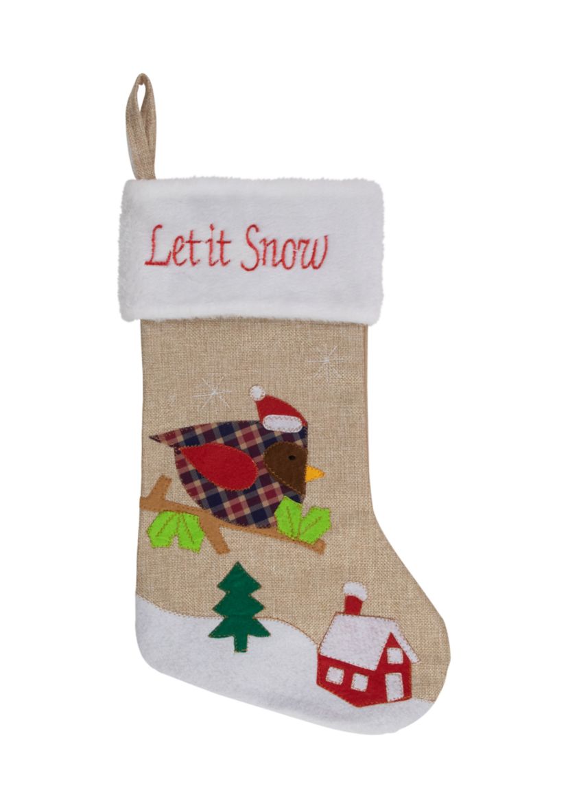 19Inch Beige and Red Burlap InchLet It SnowInch Bird Christmas Stocking