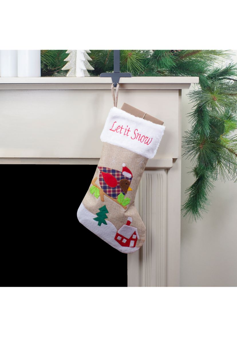 19Inch Beige and Red Burlap InchLet It SnowInch Bird Christmas Stocking