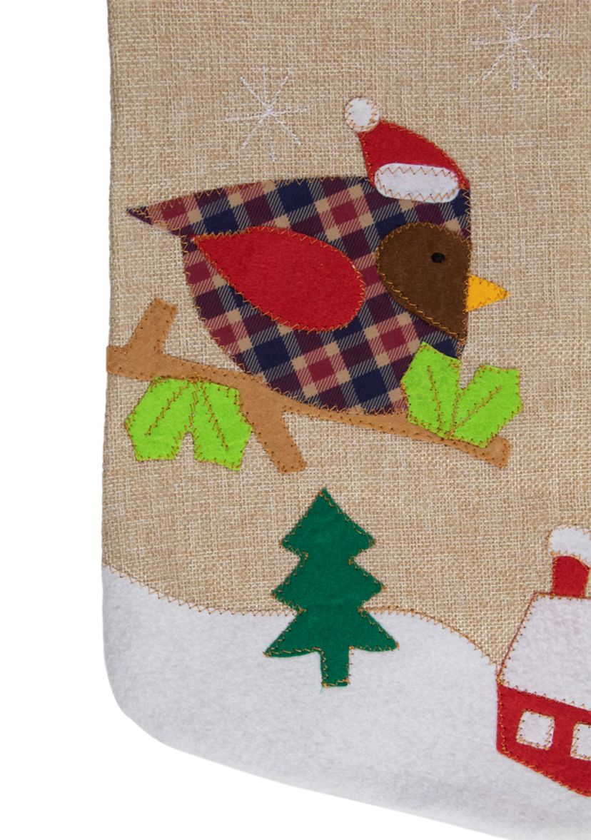 19Inch Beige and Red Burlap InchLet It SnowInch Bird Christmas Stocking