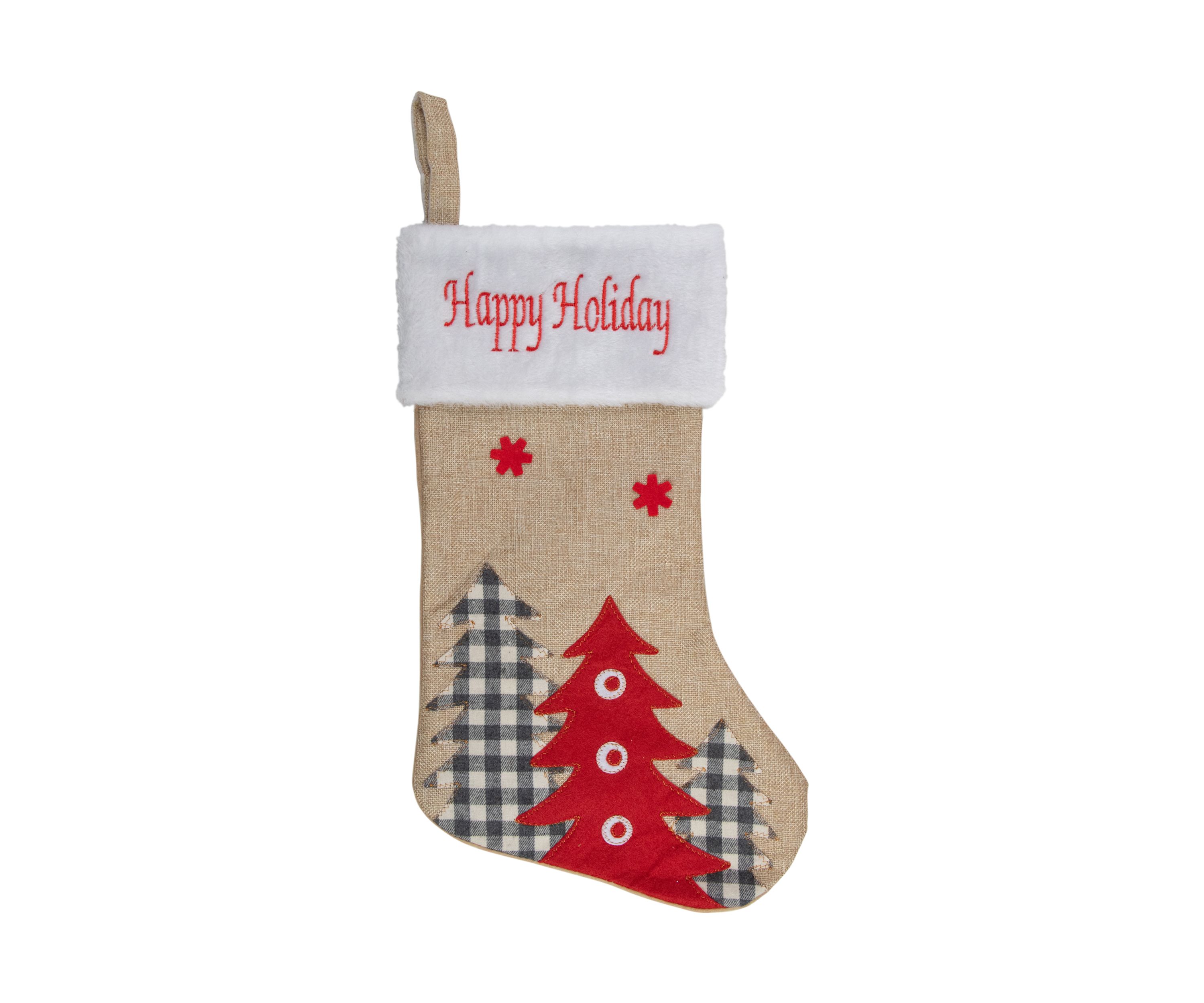 19Inch Beige and Red Burlap InchHappy HolidaysInch Forest Trees Christmas Stocking