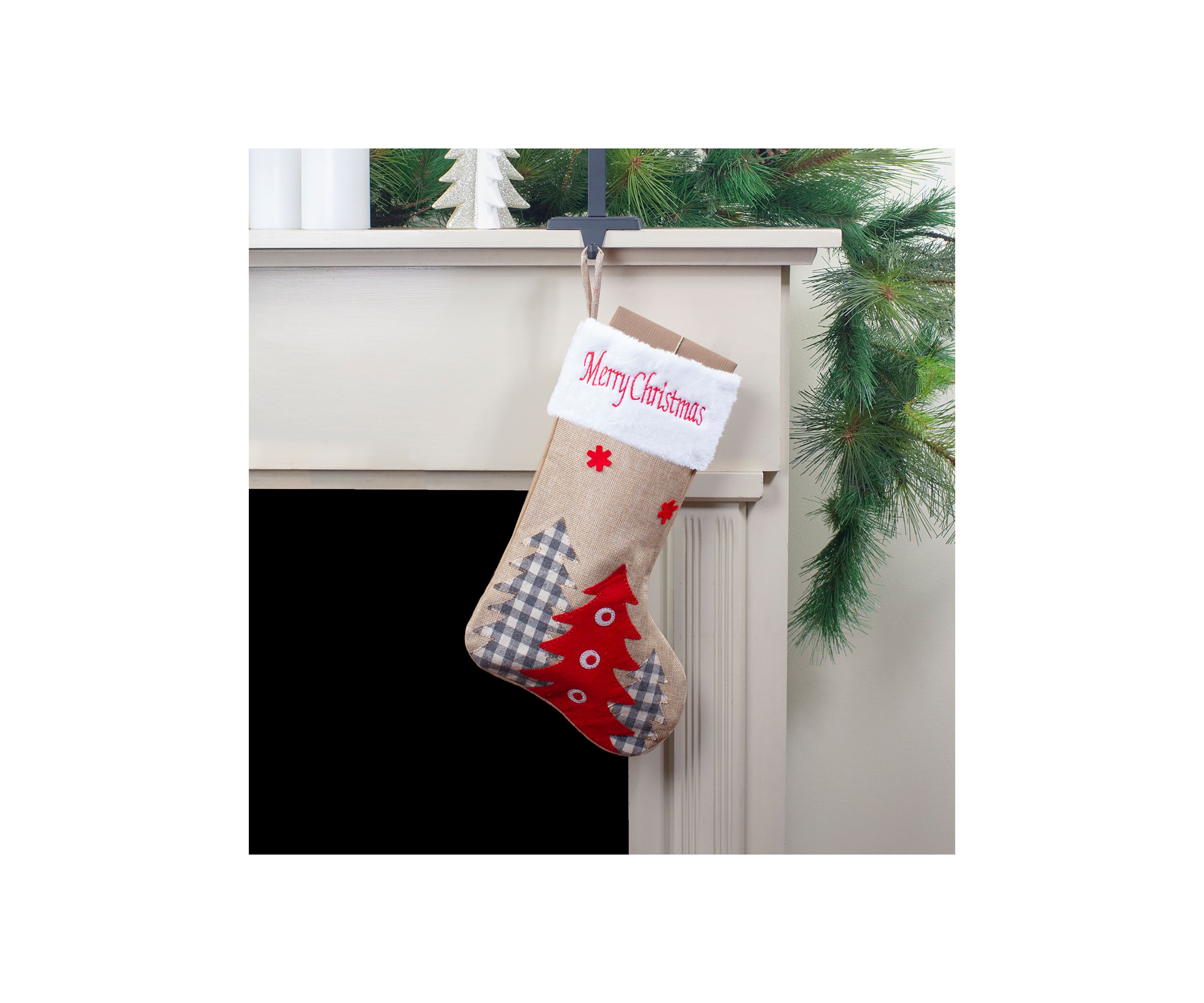 19Inch Beige and Red Burlap InchHappy HolidaysInch Forest Trees Christmas Stocking