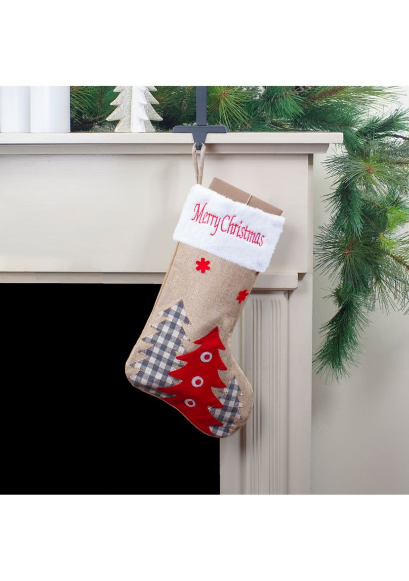 19Inch Beige and Red Burlap InchHappy HolidaysInch Forest Trees Christmas Stocking