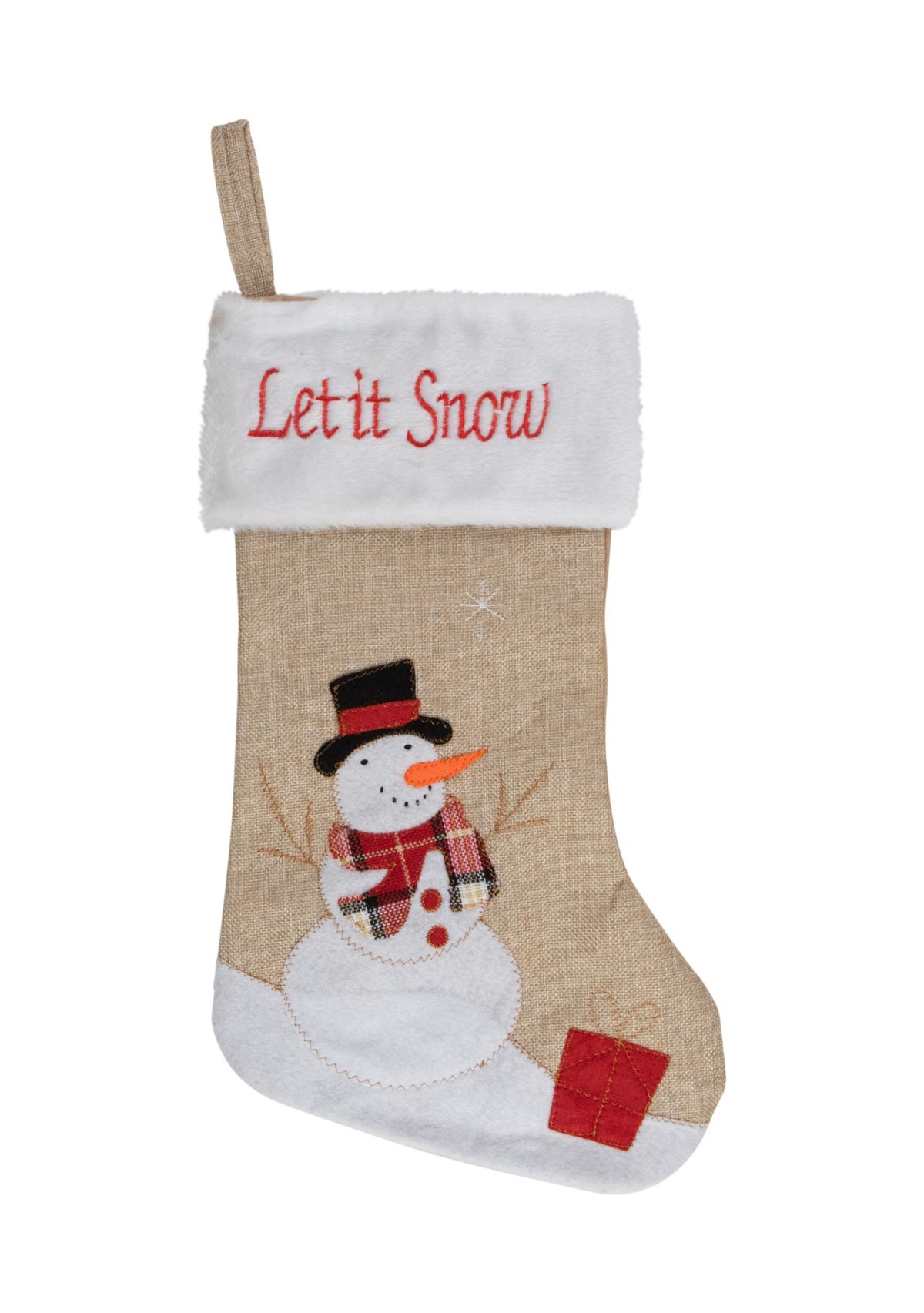 19Inch Beige and Red Burlap InchLet It SnowInch Snowman Christmas Stocking