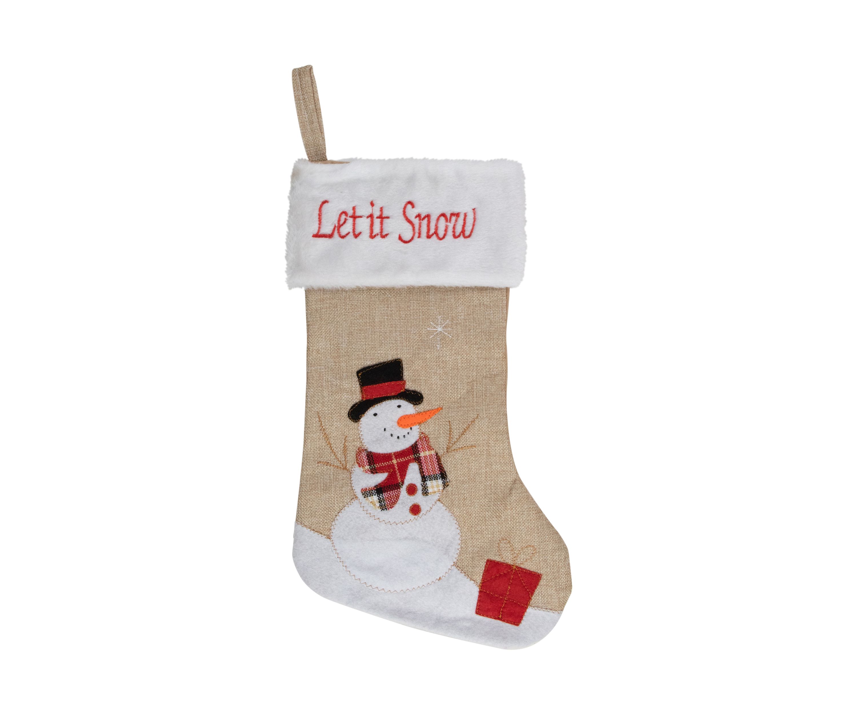 19Inch Beige and Red Burlap InchLet It SnowInch Snowman Christmas Stocking