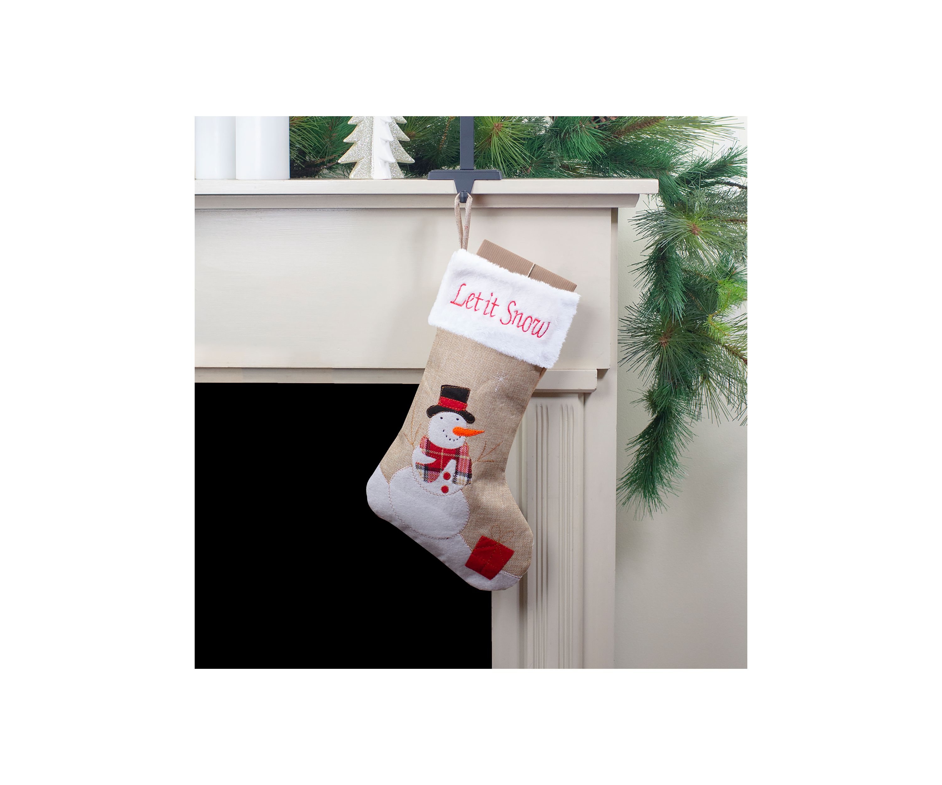 19Inch Beige and Red Burlap InchLet It SnowInch Snowman Christmas Stocking
