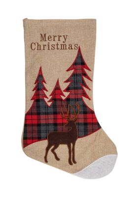 Northlight 19Inch Beige And Red Plaid Reindeer With Forest Trees Christmas Stocking