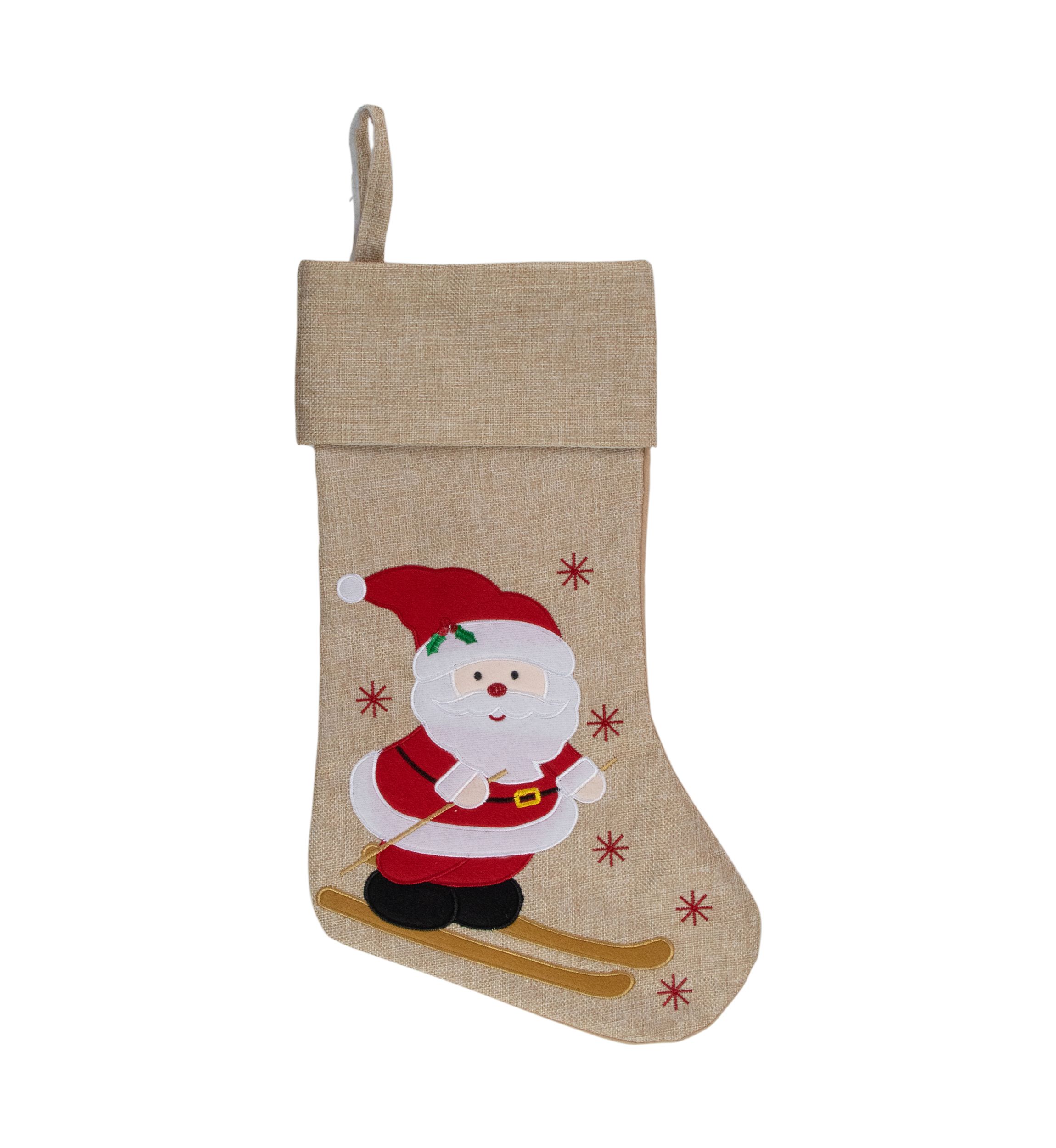 19Inch Burlap Skiing Santa With Poles and Snowflakes Christmas Stocking