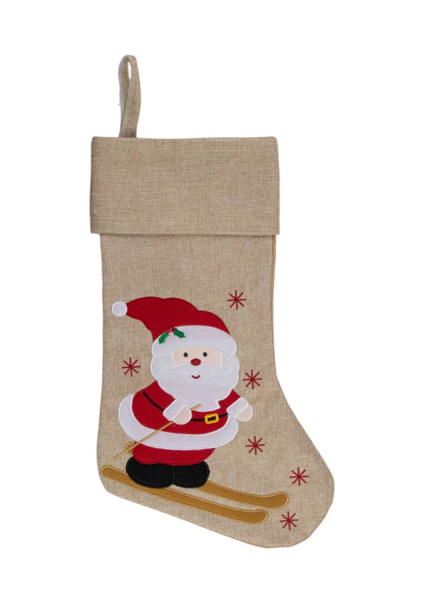 19Inch Burlap Skiing Santa With Poles and Snowflakes Christmas Stocking