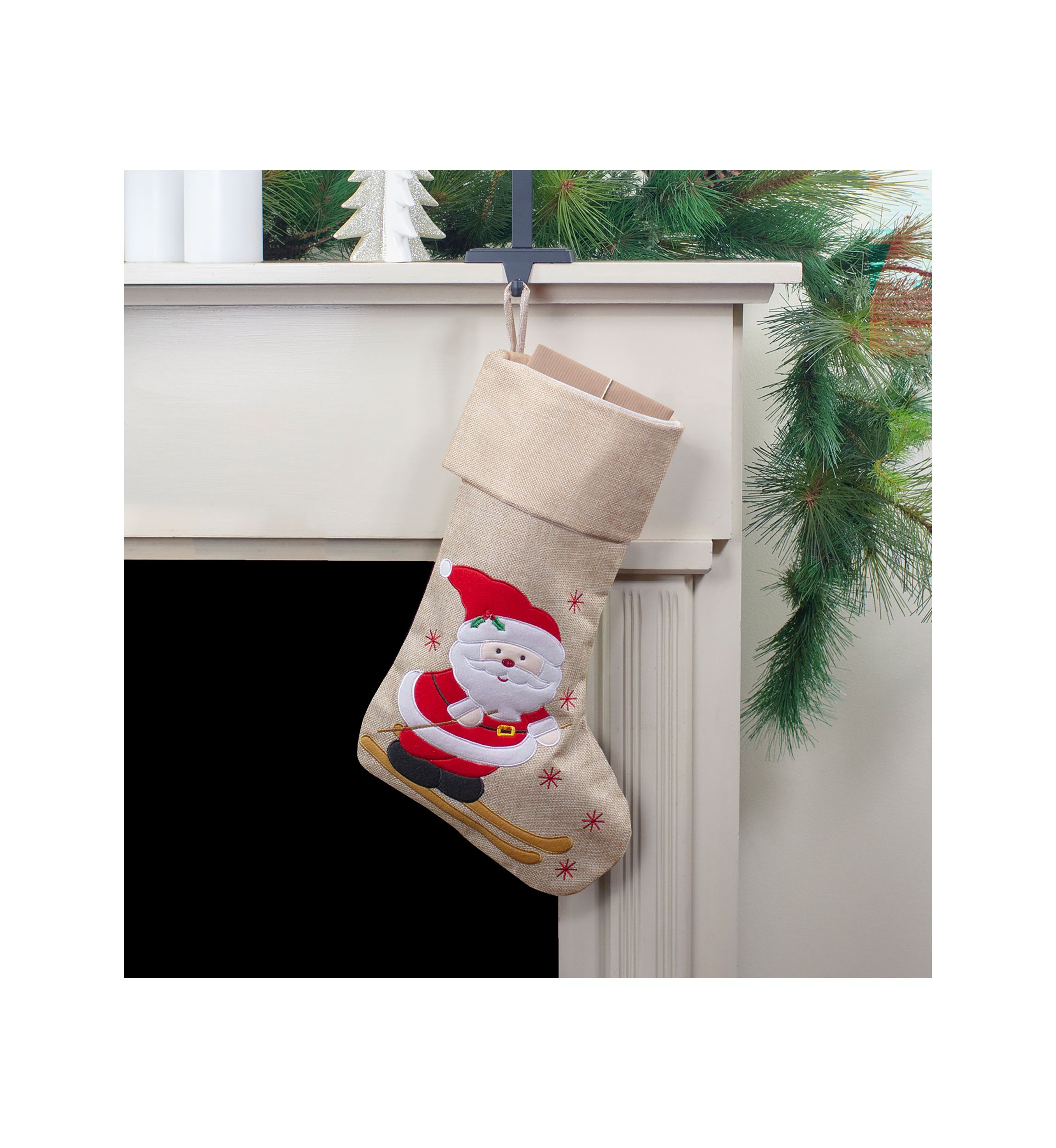 19Inch Burlap Skiing Santa With Poles and Snowflakes Christmas Stocking