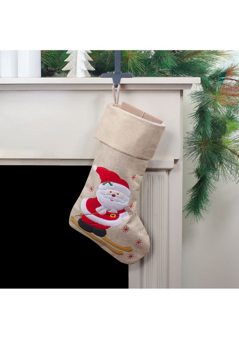 19Inch Burlap Skiing Santa With Poles and Snowflakes Christmas Stocking