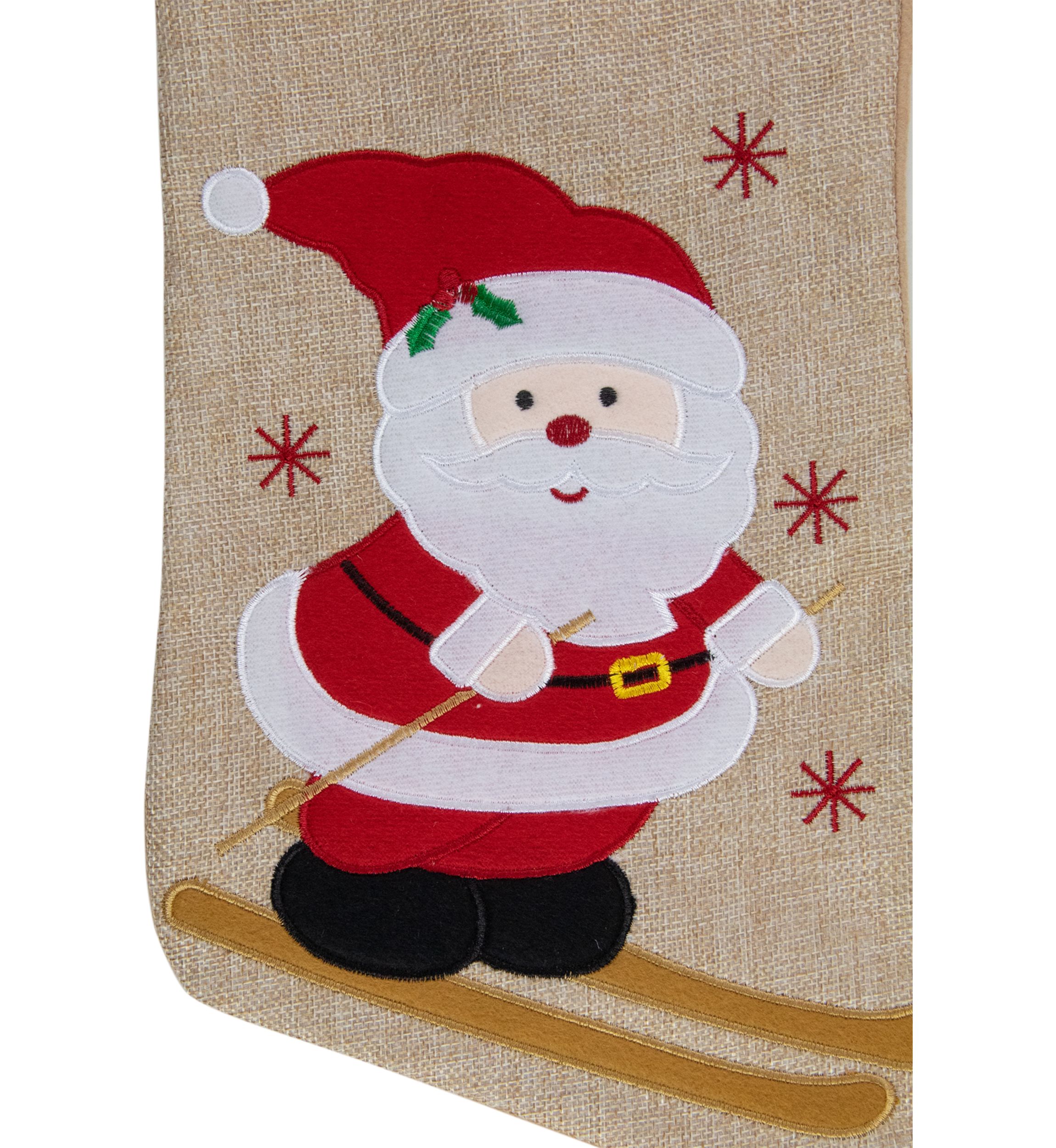 19Inch Burlap Skiing Santa With Poles and Snowflakes Christmas Stocking