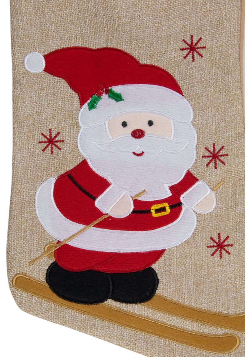 19Inch Burlap Skiing Santa With Poles and Snowflakes Christmas Stocking