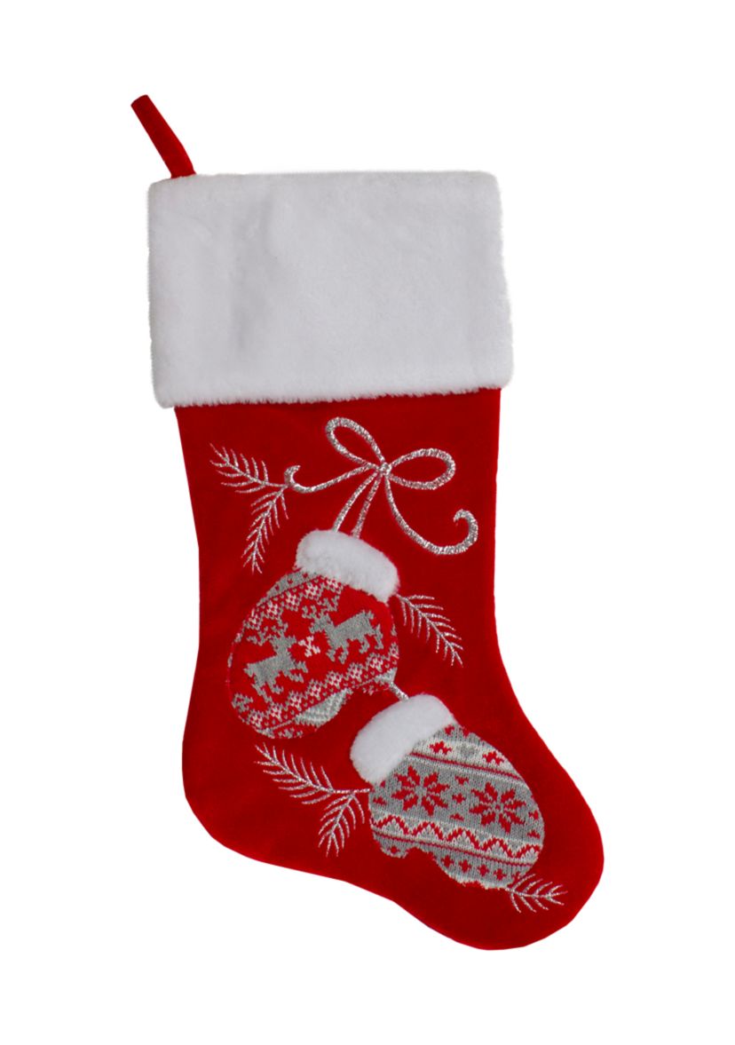 20.5-Inch Red and White Winter Mittens Embroidered Christmas Stocking