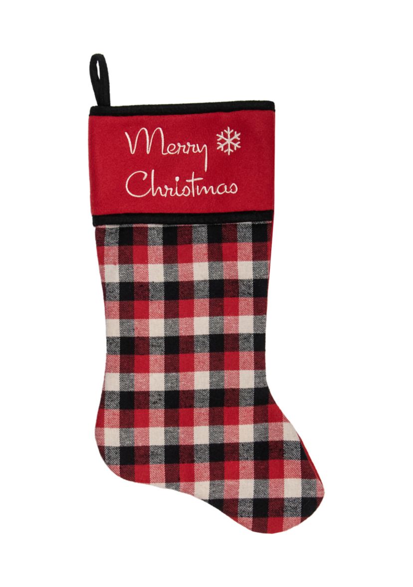 20.5-Inch Red  Black  and White Plaid Christmas Stocking with Fleece Cuff