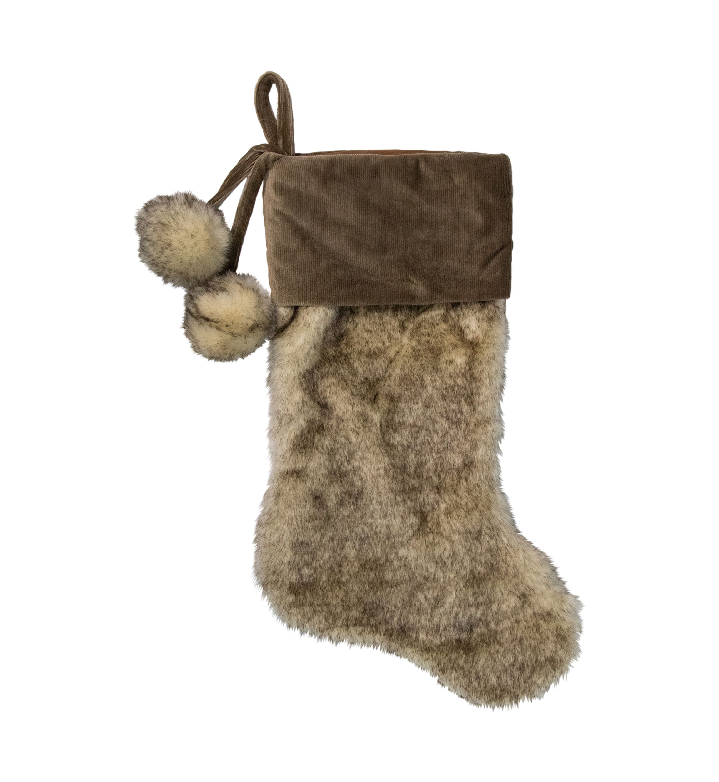 20.5-Inch Brown Christmas Stocking with Corduroy Cuff and Pom Poms