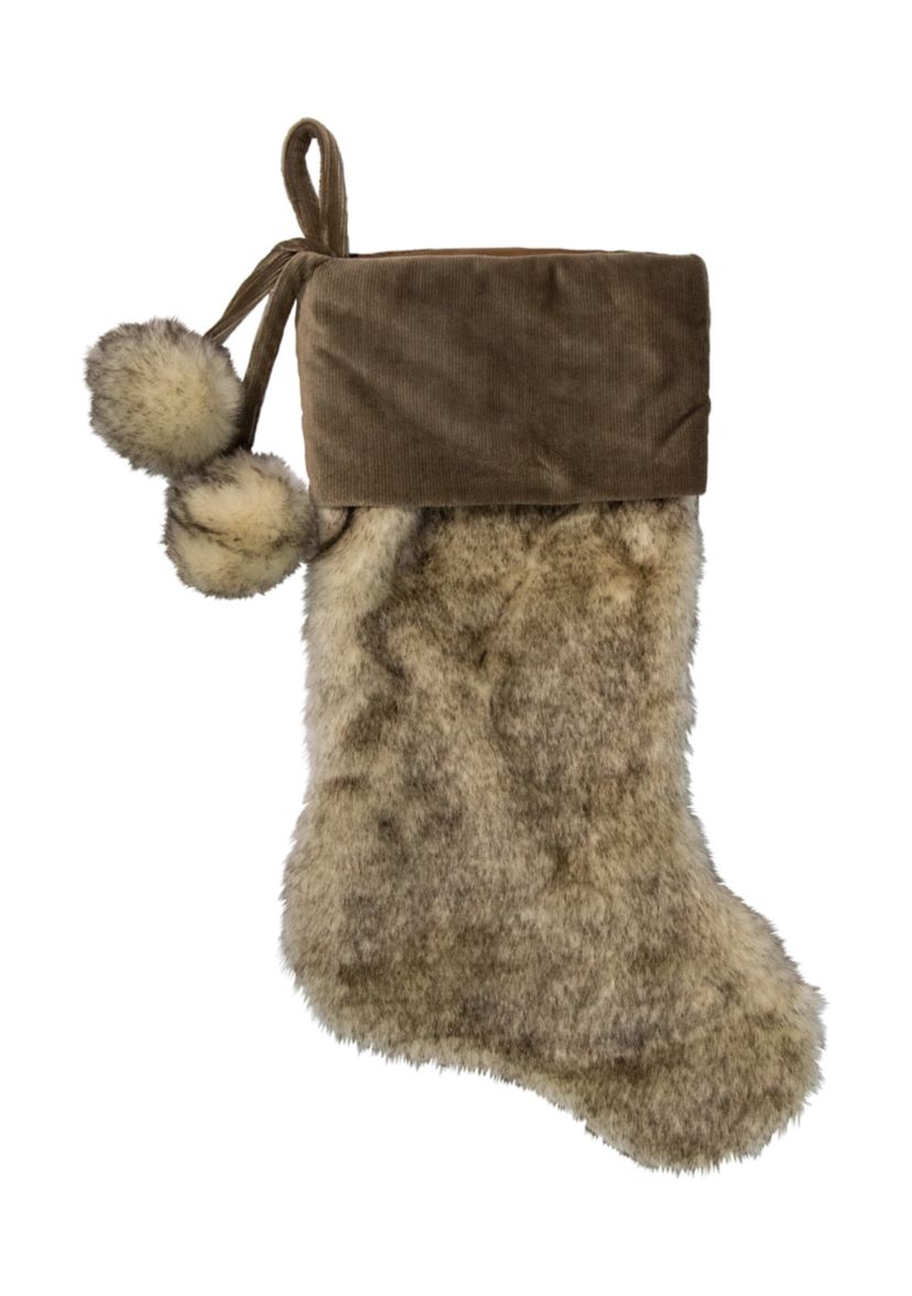 20.5-Inch Brown Christmas Stocking with Corduroy Cuff and Pom Poms