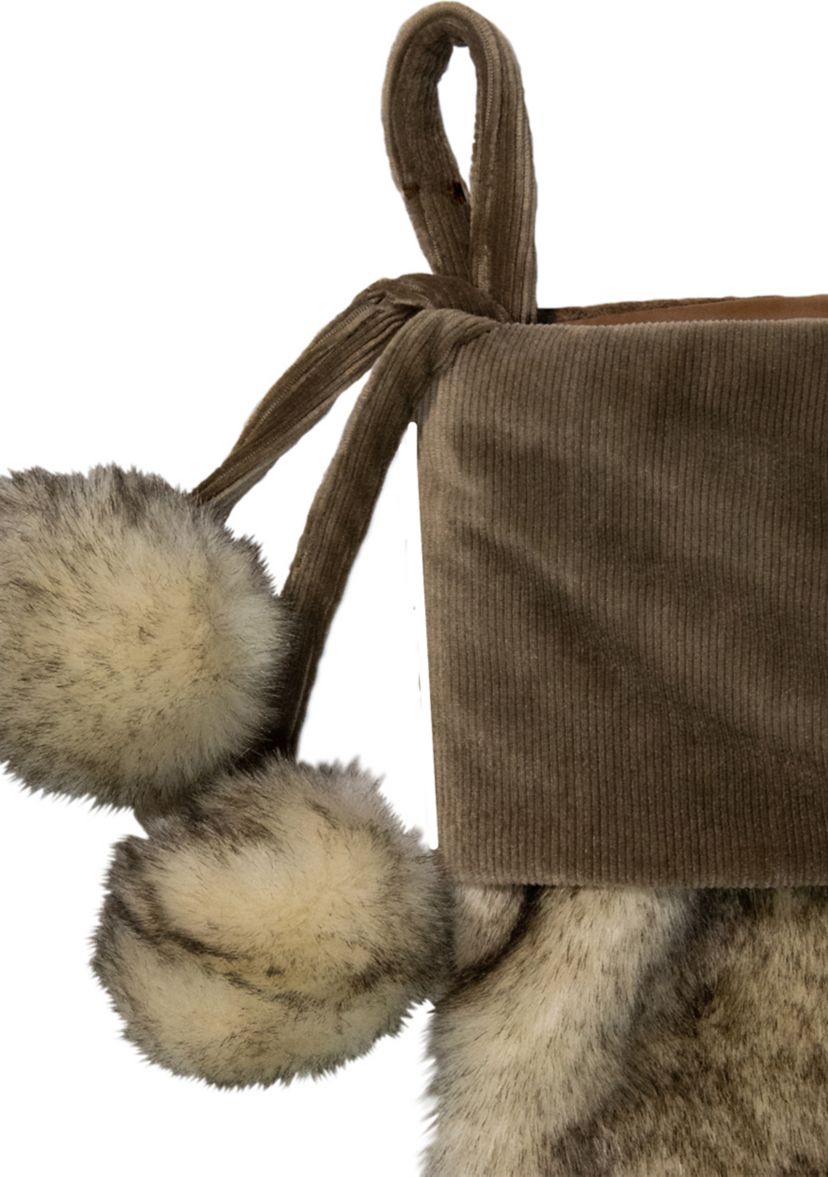 20.5-Inch Brown Christmas Stocking with Corduroy Cuff and Pom Poms