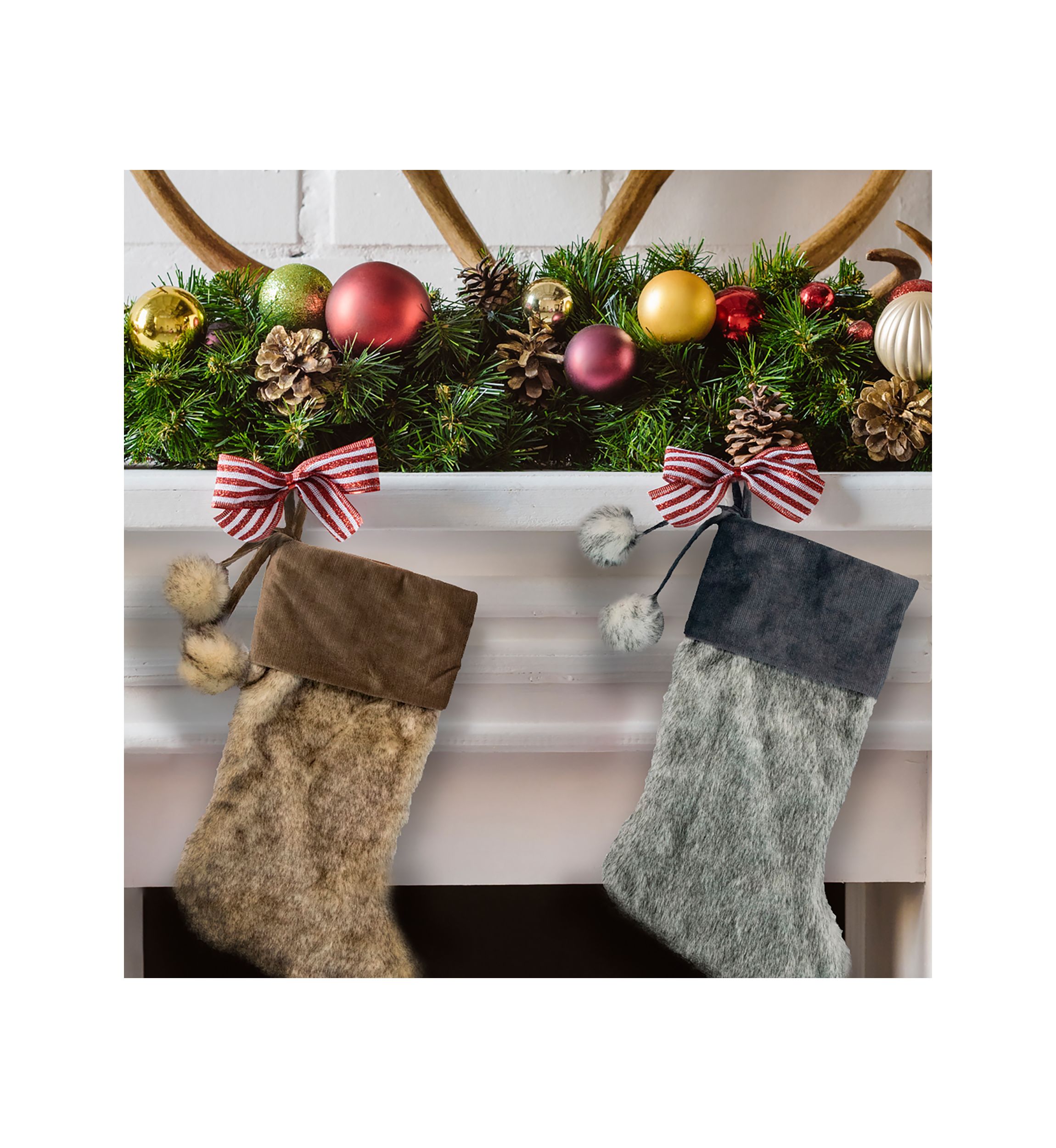 20.5-Inch Brown Christmas Stocking with Corduroy Cuff and Pom Poms