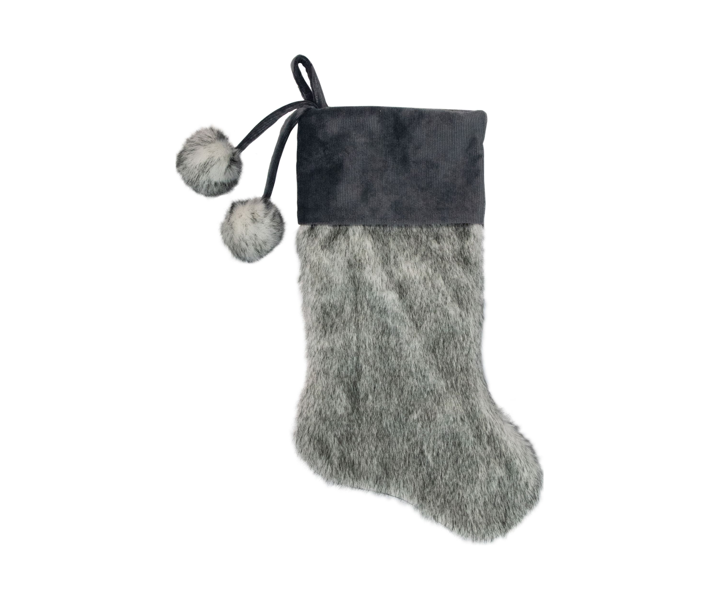20.5-Inch Gray Faux Fur Christmas Stocking with Corduroy Cuff and Pom Poms
