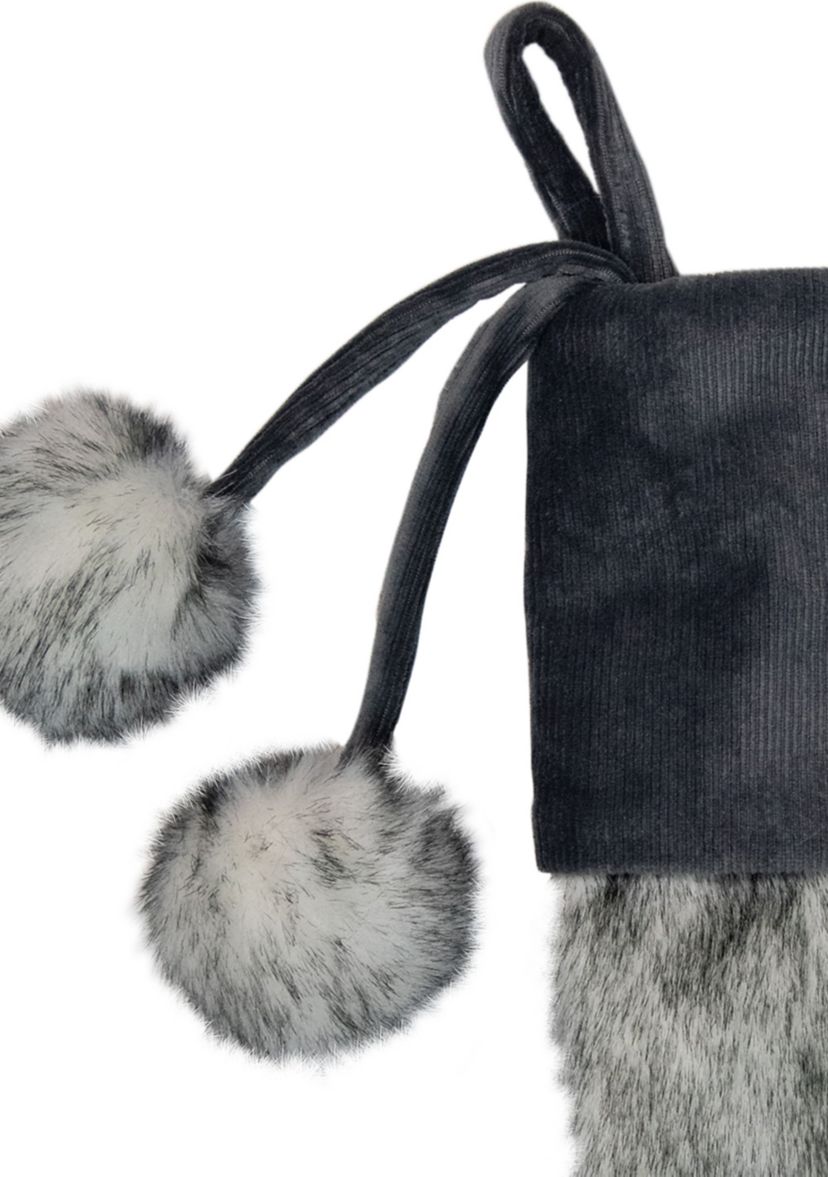 20.5-Inch Gray Faux Fur Christmas Stocking with Corduroy Cuff and Pom Poms