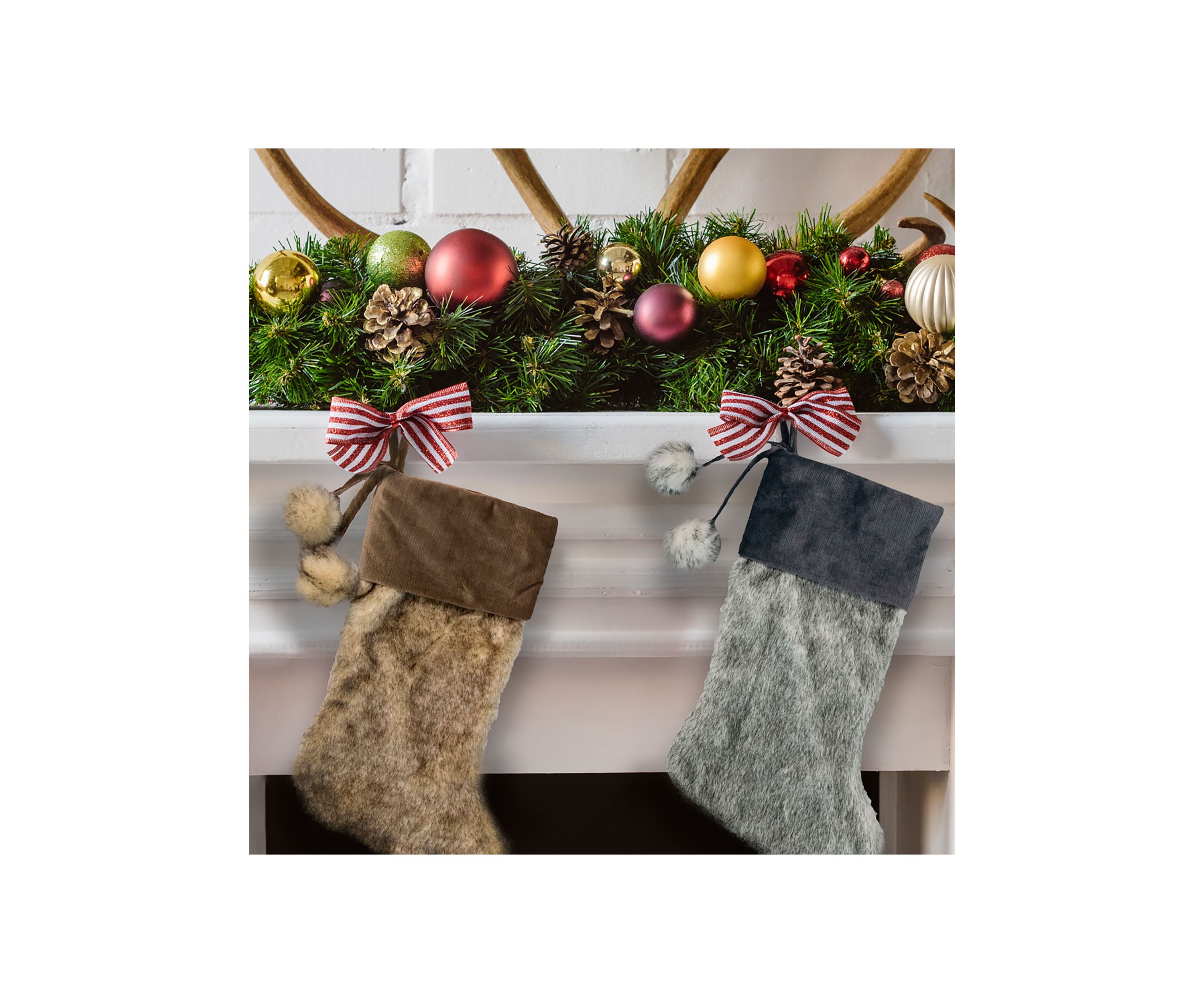 20.5-Inch Gray Faux Fur Christmas Stocking with Corduroy Cuff and Pom Poms